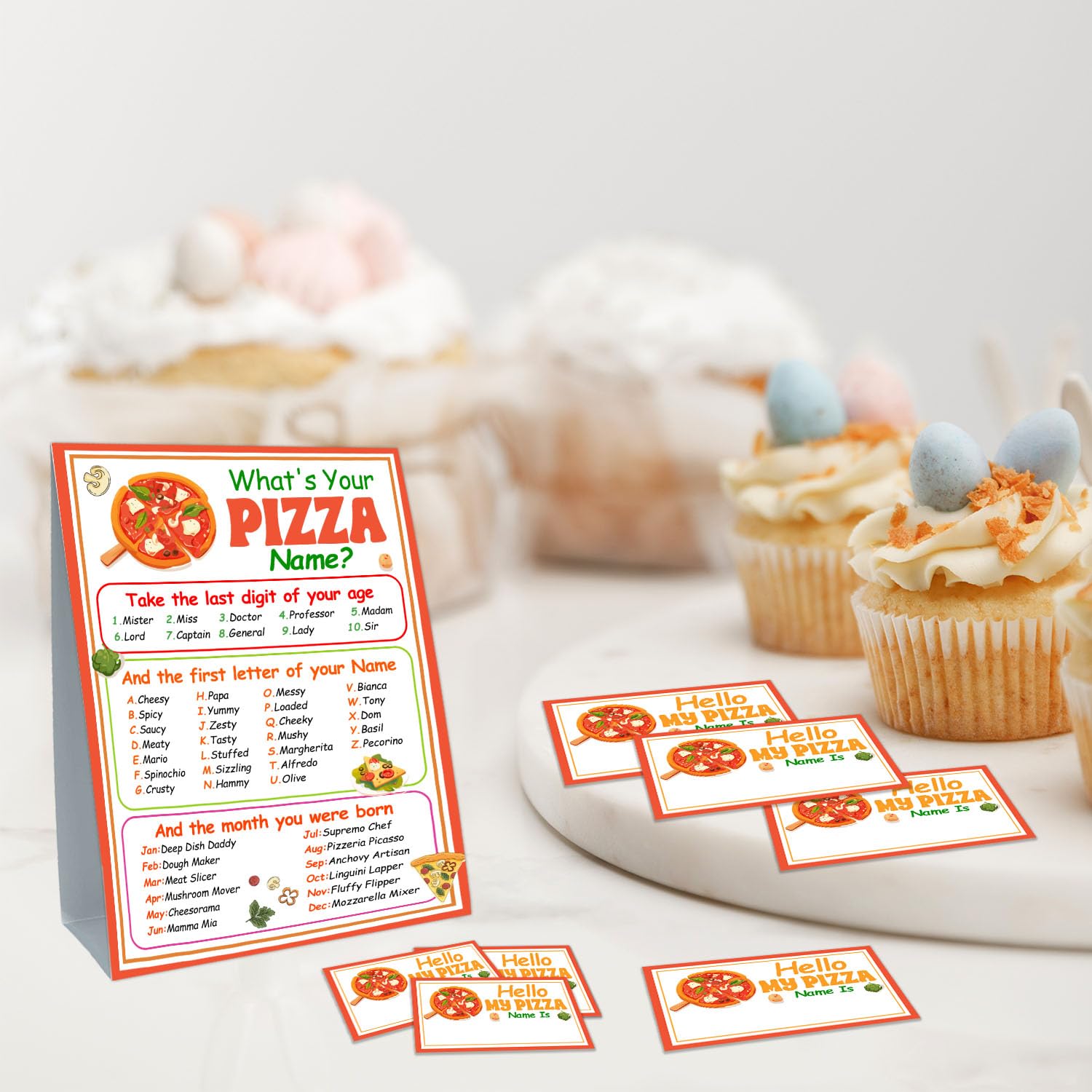 Funny Pizza Theme Game Cards Set, What'S Your Pizza Name Game, Including 1 Sign And 30 Stickers, Perfect For Birthday Party Activities