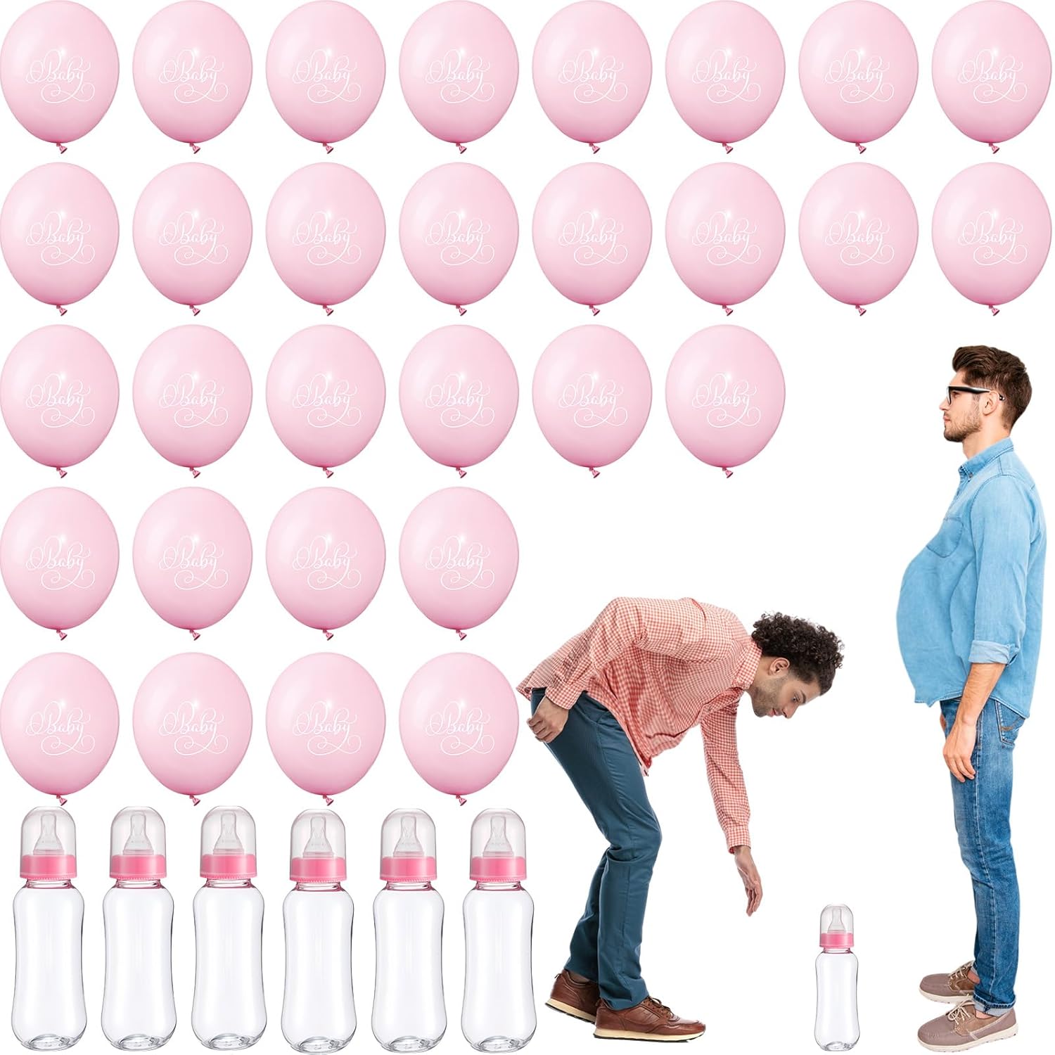 6 Sets Baby Shower Game Gender Reveal Party Favors Plastic Bottle Chug Baby Shower Grab Games Plastic Bottles Latex Balloons For Gender Reveal Games Supplies(Pink)