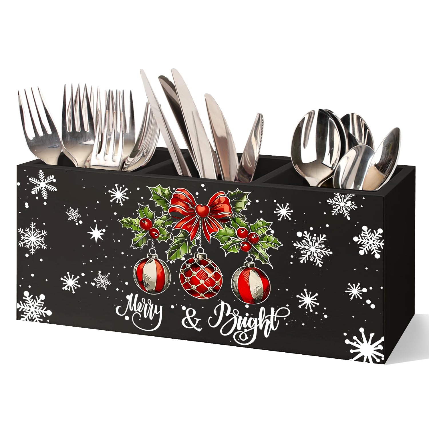 Christmas Bauble Ball Black Kitchen Utensil Holder, Merry Christmas Winter Xmas Holiday Wooden Utensil Holder Organizer For Kitchen Countertop Counter Shelf Table Decor