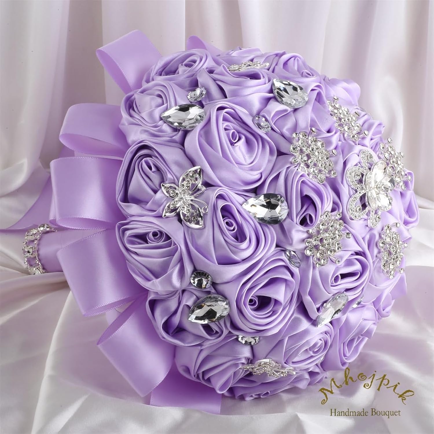 7.5" Light Purple Bridal Wedding Bouquet Throw Toss Artificial Rose Flower Bunch With Bling Brooch For Bride Bridesmaid Wedding Quinceanera