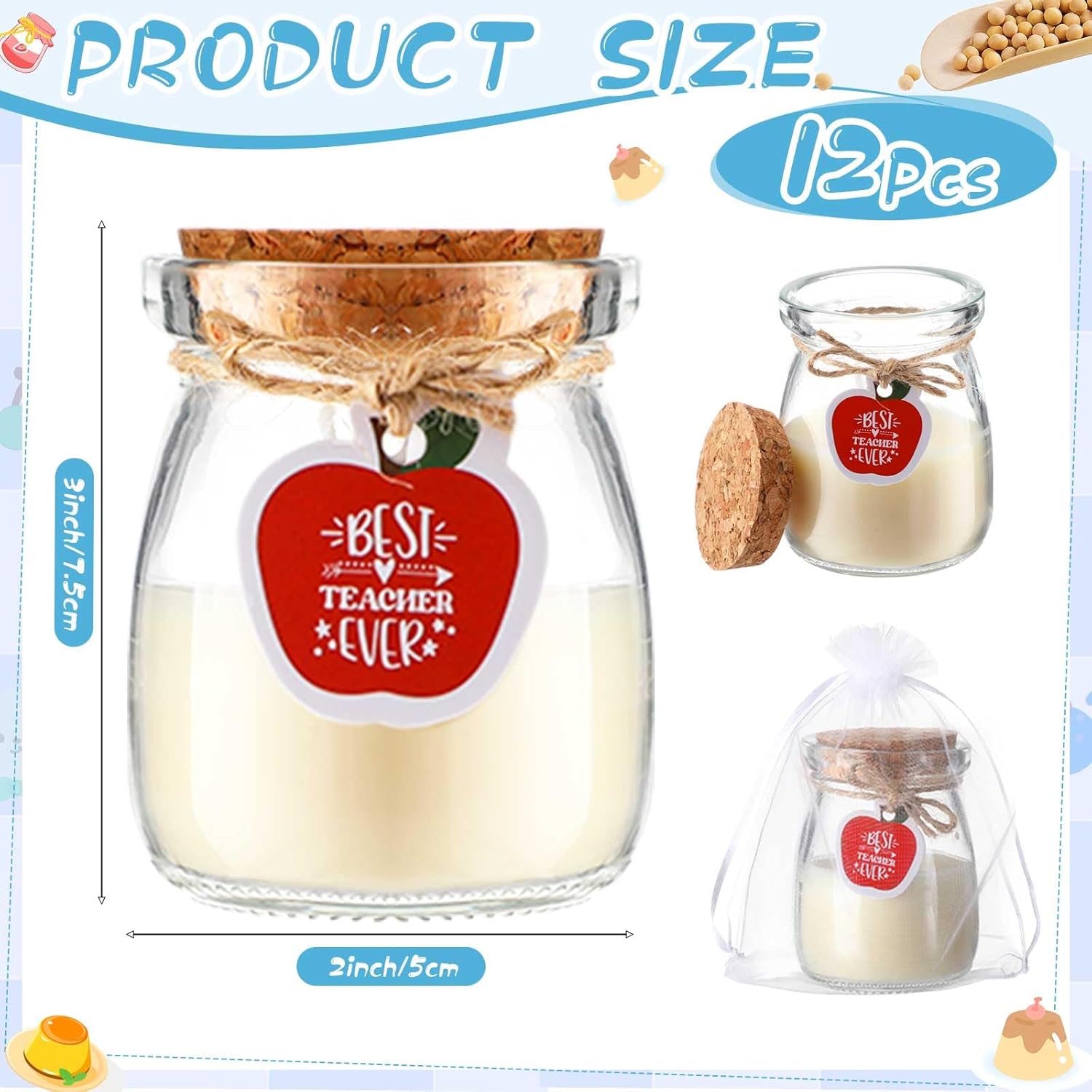 12 Pcs Teacher Appreciation Gifts Bulk Scented Soy Wax Fragrance Thank You Candle In Organza Bags Aromatherapy Jar Inspirational Candle Gift For Teachers,School Staff,12 Fragrances(Cute)