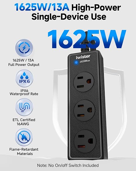 Outdoor Weatherproof Power Strip 3 Outlets IPX6 Waterproof 5FT Extension Cord 1625W 13A