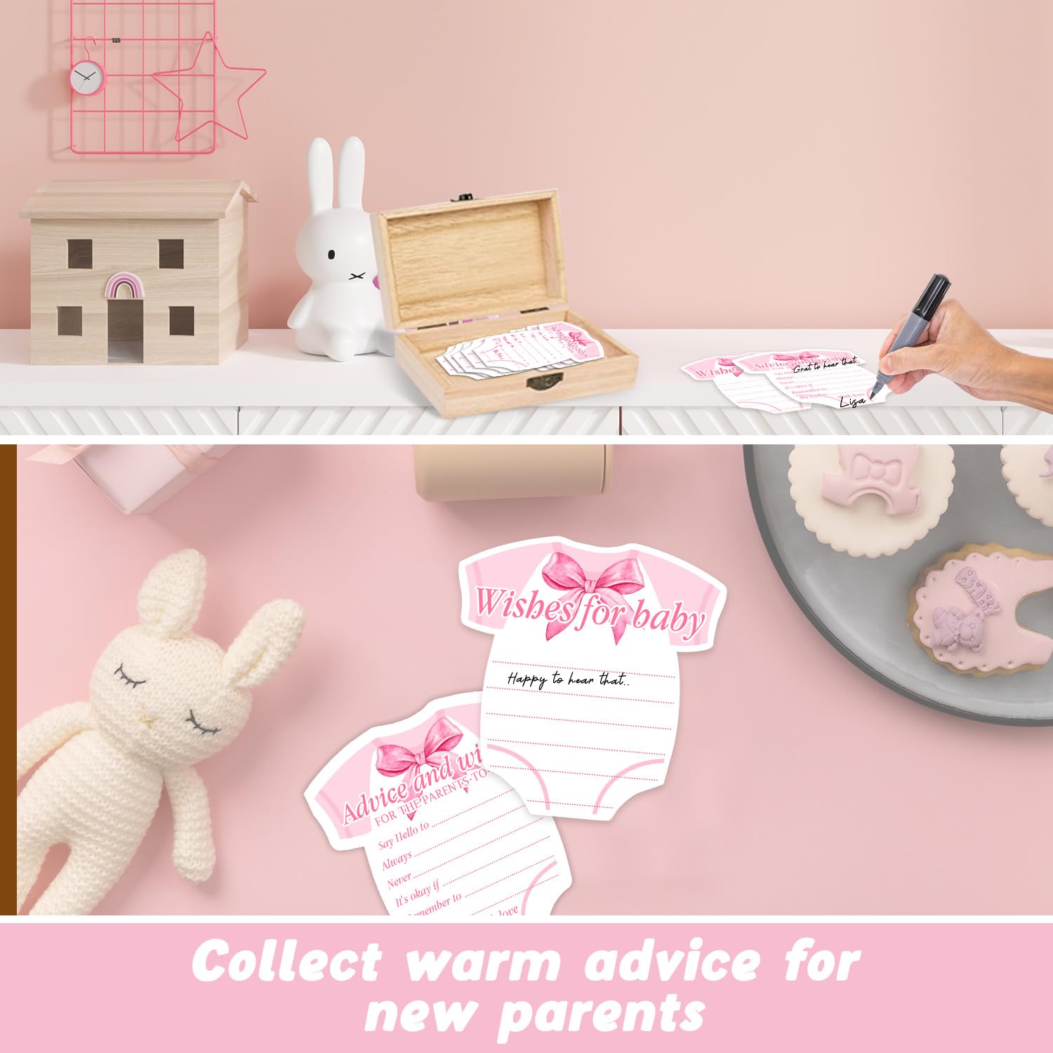 Pink Bow Baby Shower Decorations, Coquette Baby Shower Prediction And Advice Cards, 50Pcs Pink Bow Advice And Wish Cards With Box For New Parents, Bow Games Activity For Gender Reveal Party