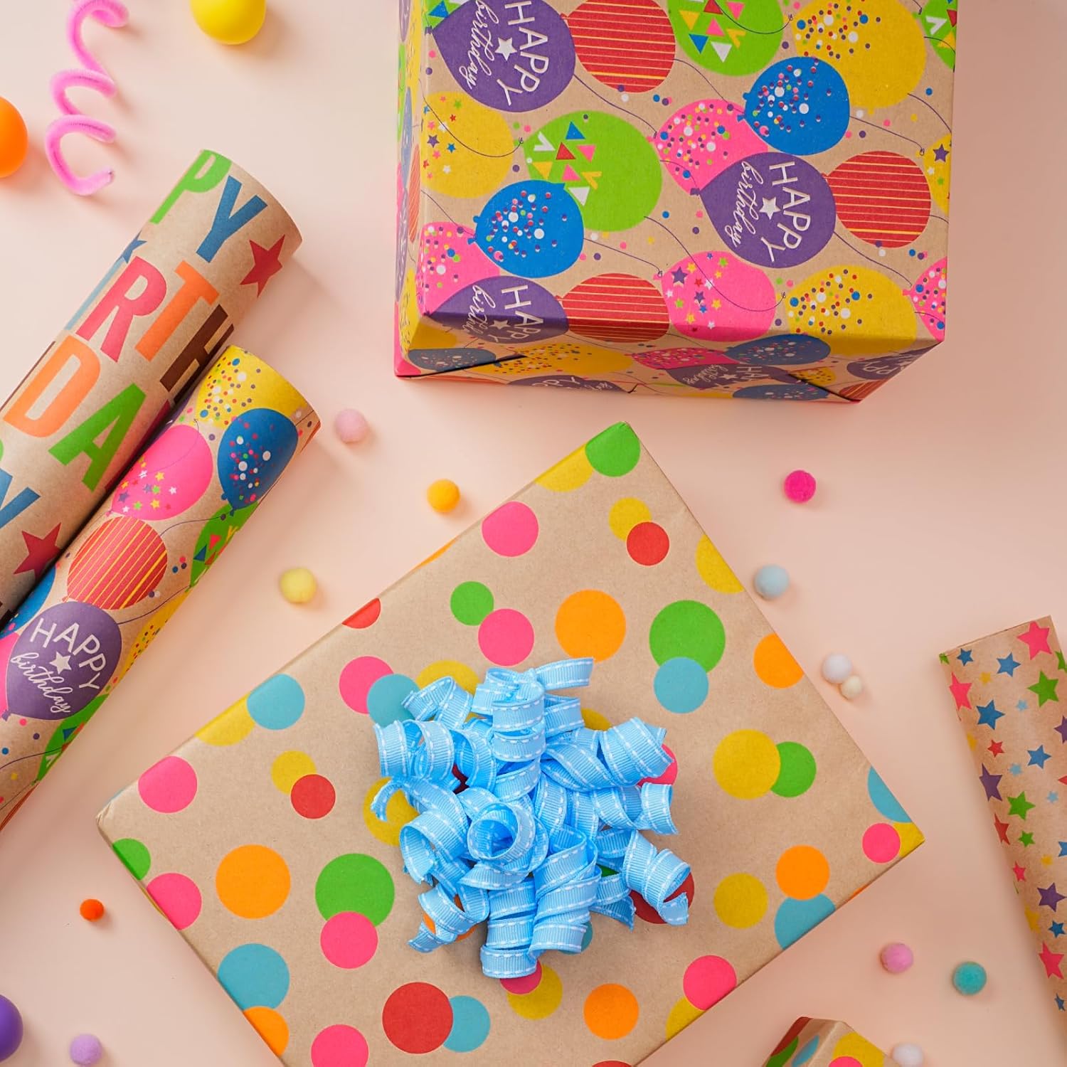 Kraft Wrapping Paper Roll Colorful Polka Dots Design Perfect For Birthday Holiday Wrap 17 Inch X 33 Feet