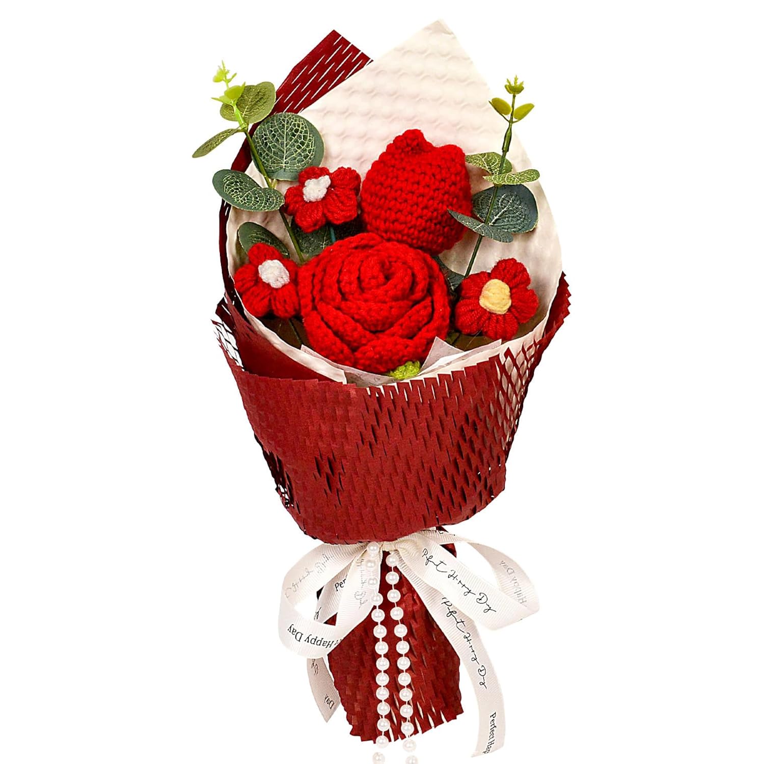 Crochet Flower Bouquet - Crochet Rose Tulip Daisy Knitted Flowers Bouquet For Valentine’S Day, Anniversary, Wedding, Birthday Party, Birthday, Red