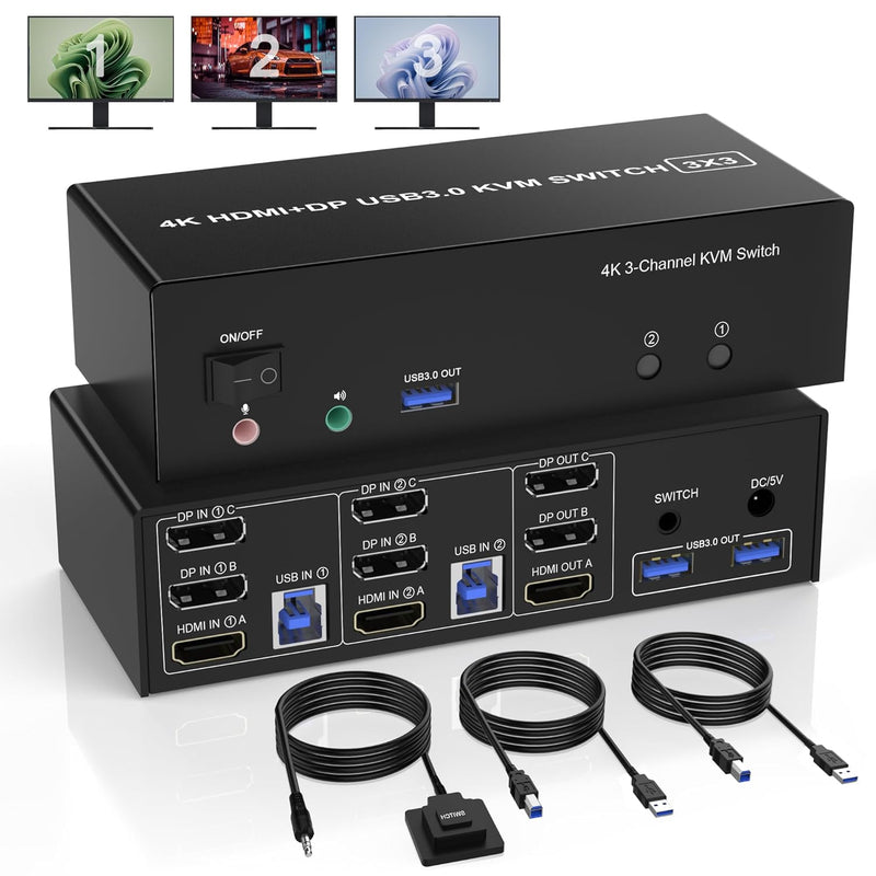 Usb 3.0 Hdmi + 2 Displayport Kvm Switch 3 Monitors 2 Computers, 4K@60Hz Triple