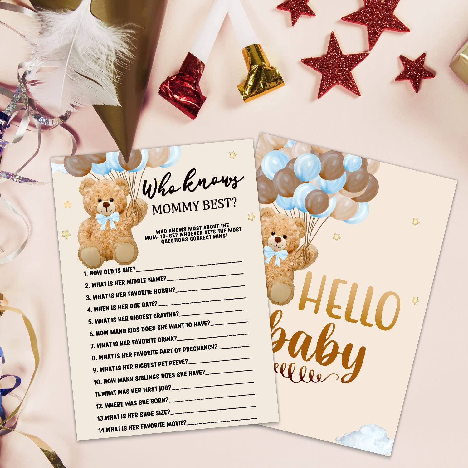 Baby Shower Game Cards, Bear Theme Who Knows Mommy Best Game Card For Baby Shower Party, Funny And Easy Icebreaker Gender Reveal Party Games Ideas Activity For Parent-To-Be, 30 Double Print Cards