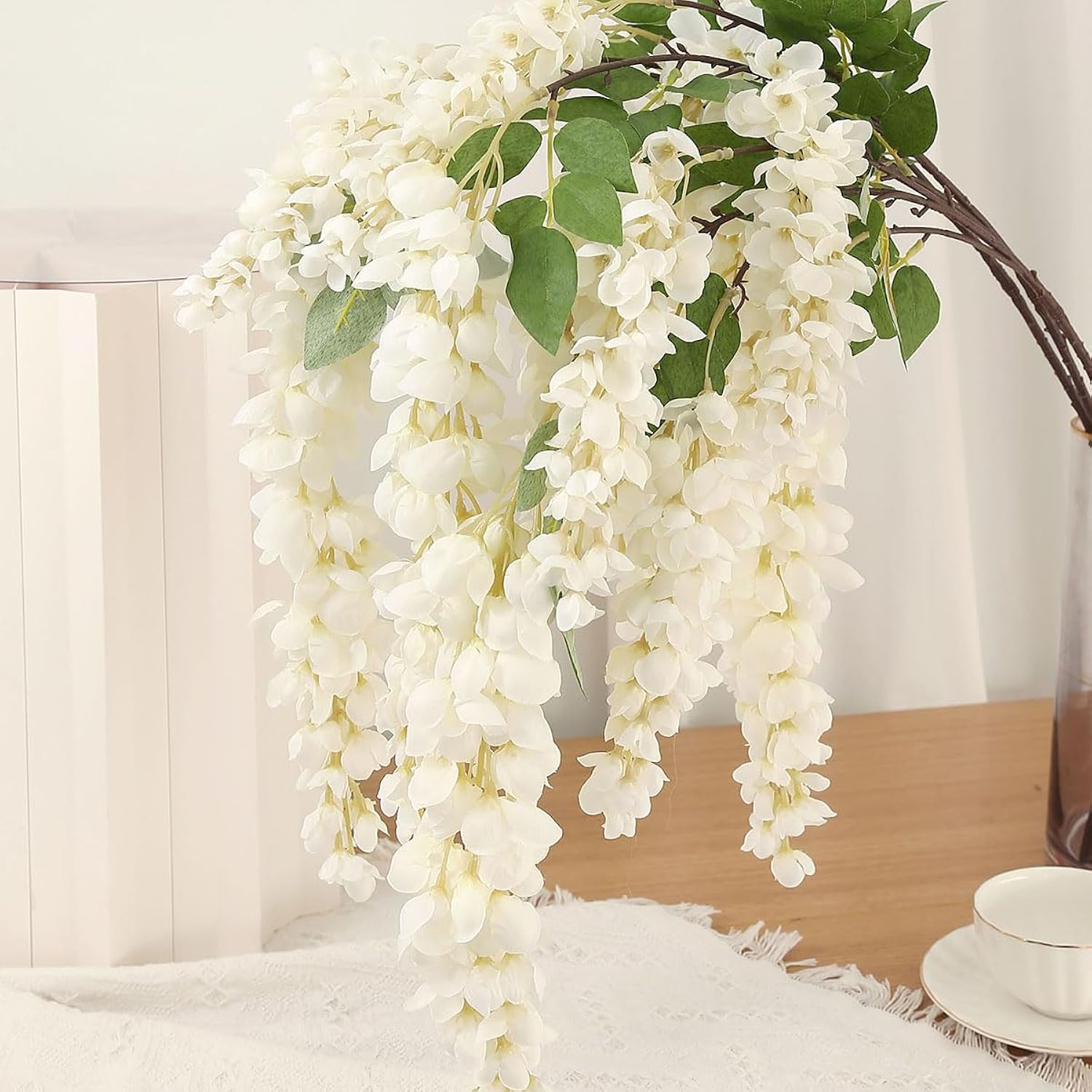 4Pcs 47.2-Inch Artificial Fake Wisteria Hanging Flower Garland Silk Flower String Home Party Decoration White Blue Pink Purple (White)