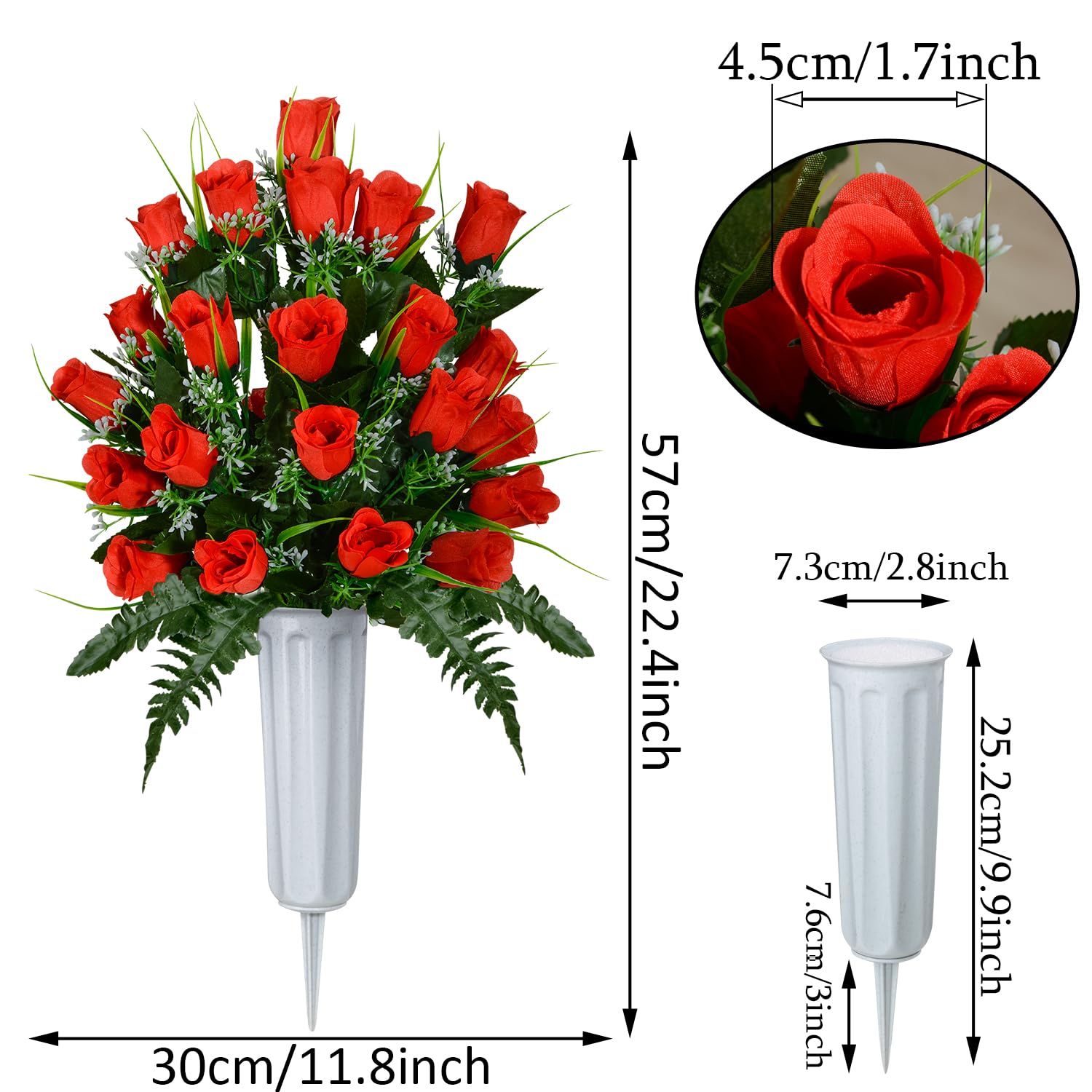 Artificial Cemetery Flowers, Grave Decorations Roses, Memorial Flowers Bouquet With Cemetery Vase, 2 Sets (Red)
