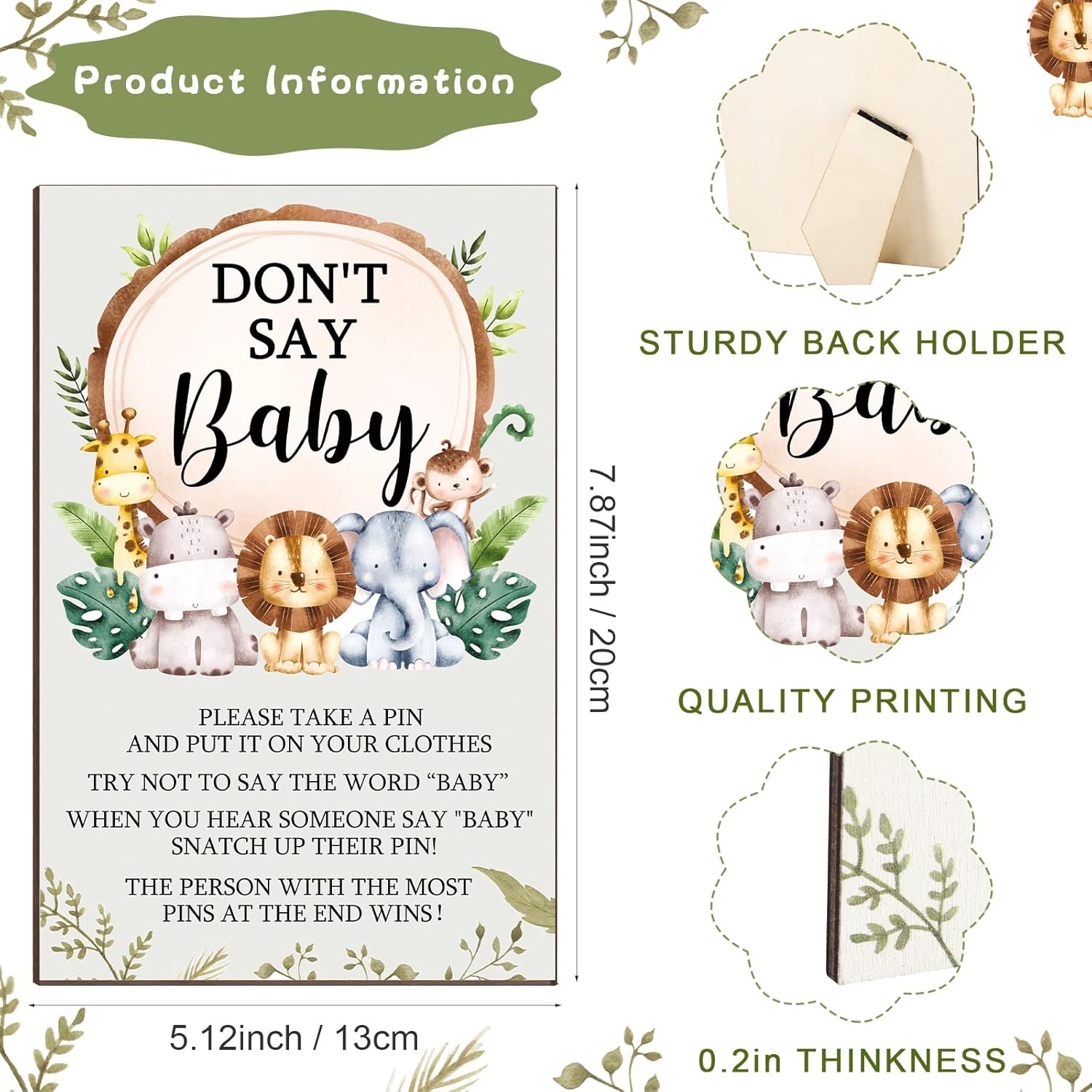 51 Pcs Don'T Say Baby Shower Game Favors Include Forest Animal Baby Shower Sign And 50 Mini Animal Clothespins For Boys Girls Gender Reveal Party Decoration Supplies