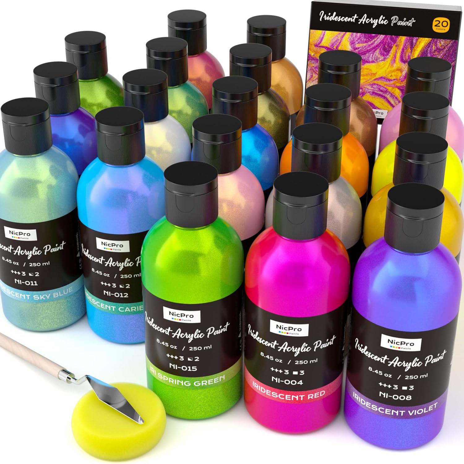 20 Colors Iridescent Acrylic Paint, 8.45Oz / 250Ml Large Bulk Metallic Acrylic Paint,Color Shifting & Non-Toxic Art Painting Supplies For Canvas Fabric Rock Wood With Paint Knife Color Wheel