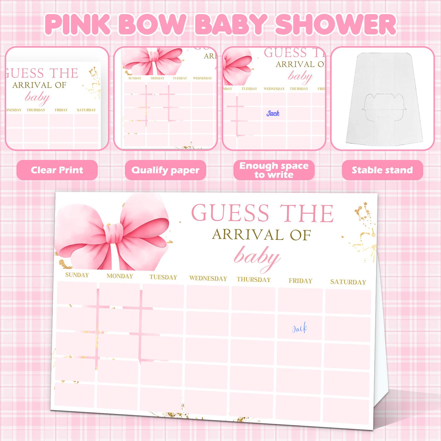 Pink Bow Baby Shower Decorations, Bow Themed Party Decorations, Baby Shower Activities For Guests, Guess The Due Date Of Games With 1 Pink Pen, Guess The Arrival Of Calendar