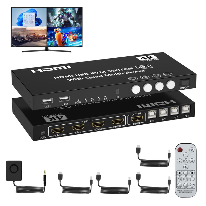 Hdmi Kvm Switch 4 Ports 4K@30Hz, Hdmi Multi-Viewer 4X1 Switch For 4 Computers