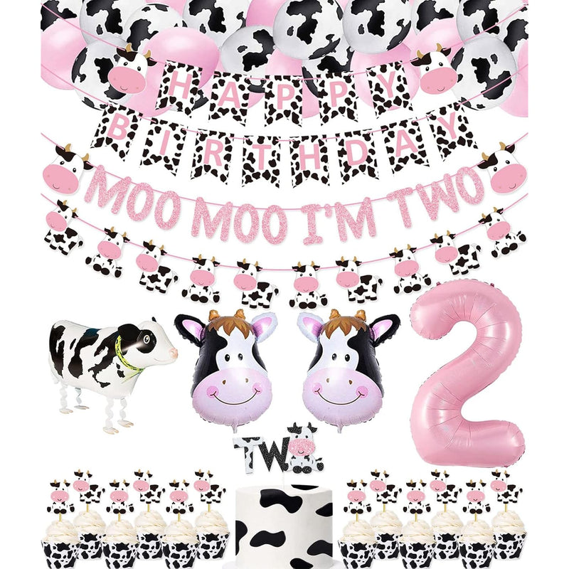 62 Packs Cow 2Nd Birthday Party Kit Moo Moo I'M Two Banner Happy Birth