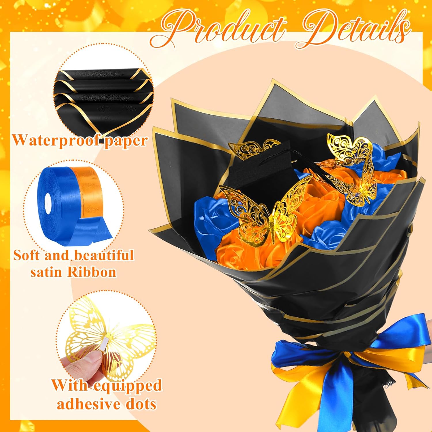 75Pcs Valentines Day Flower Flower Wrapping Paper Bouquet Kit For Gifts 2026 Diy Fake Roses Flowers Bouquet Ribbon Artificial Rose Floral Paper With 3D Crown Butterfly Decor For Craft(Black 1)