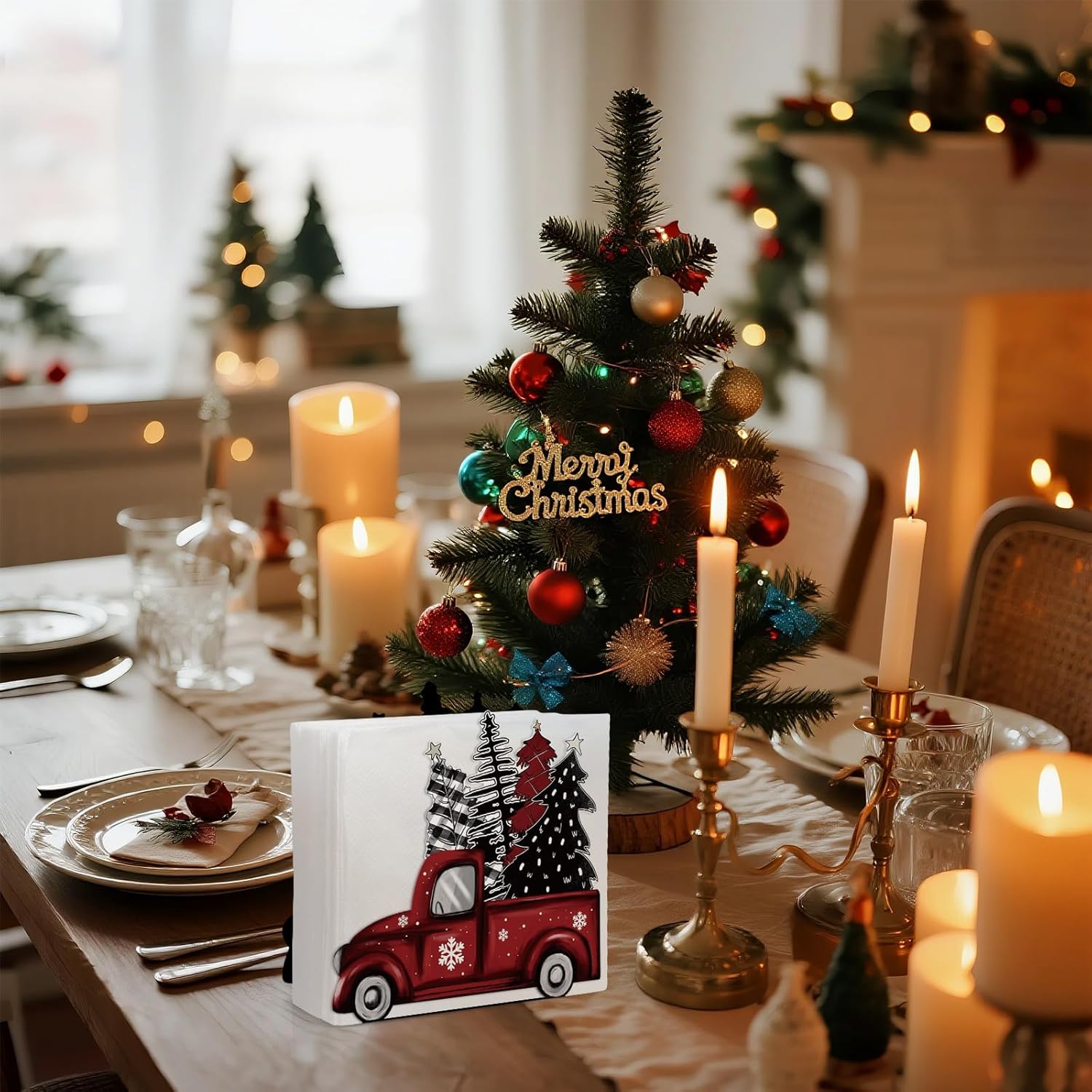 Christmas Napkin Holder For Tables Red Black Truck Metal Cocktail Buffalo Plaid Christmas Tree Napkin Holder Rustic Tissue Paper Dispenser For Winter Xmas Storage Farmhouse Restaurant Kitchen Party