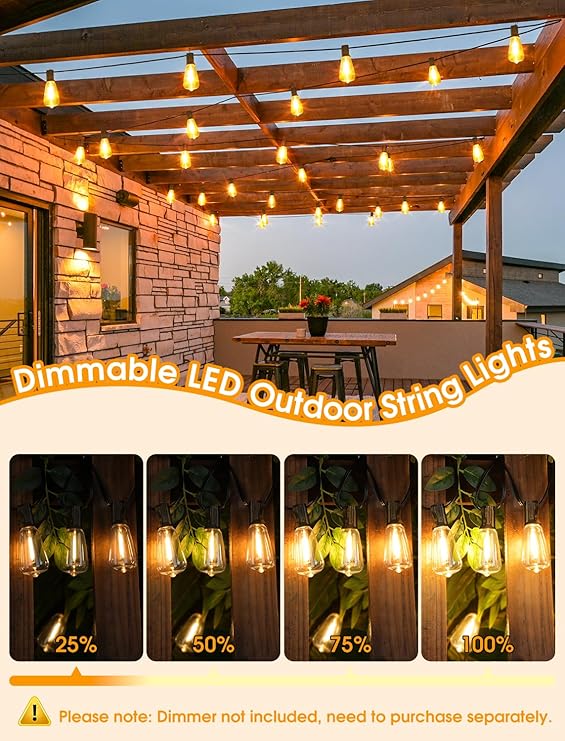 25FT Outdoor String Lights with Dimmable ST38 Edison Bulbs Waterproof Patio Lights