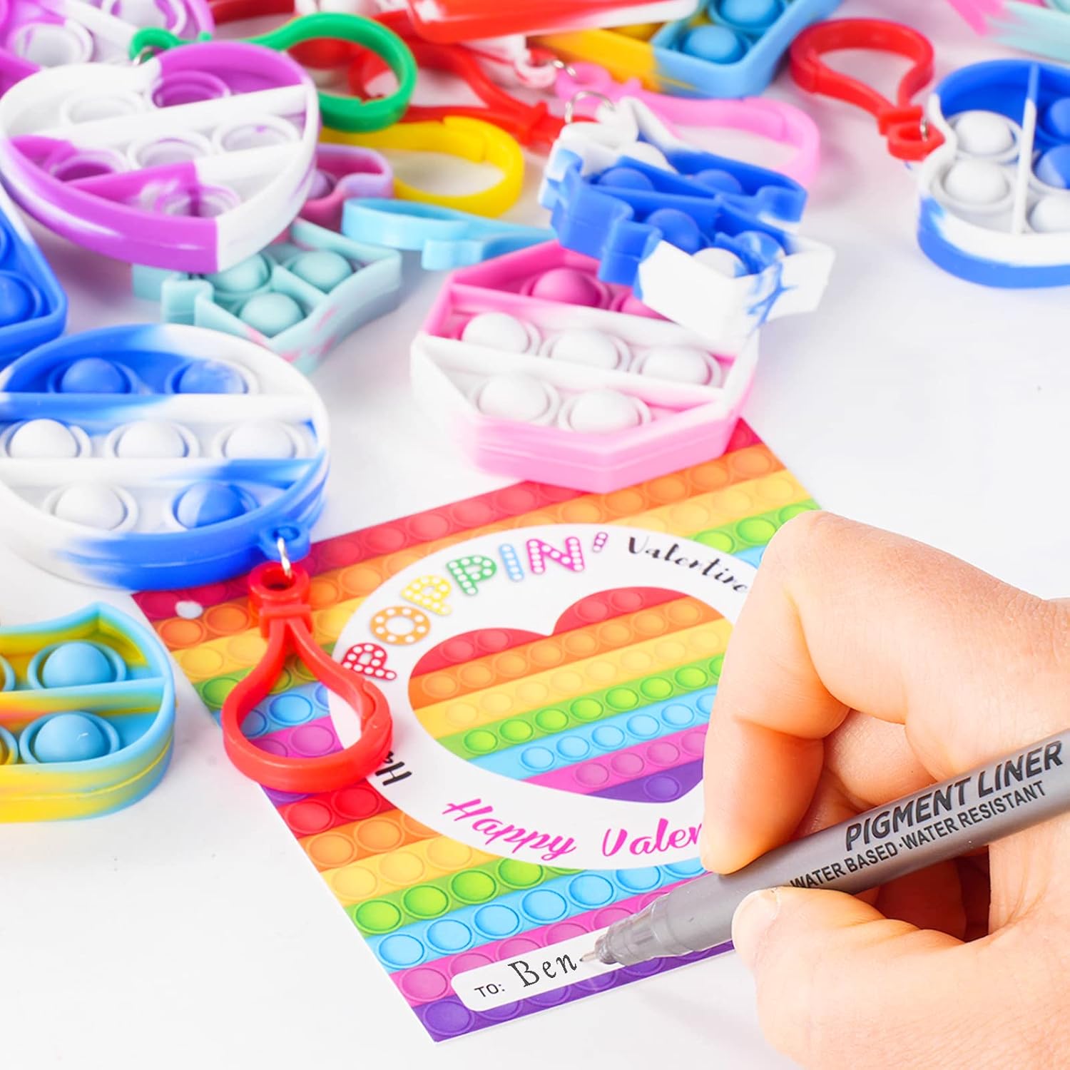 Kiddokids 28 Packs Valentines Day Gift Cards With Pop Keychains Fidget For Kids School Classroom, Pop Bubble Stress Relief Valentine’S Class Exchange Greeting Cards, Valentine Party Favors