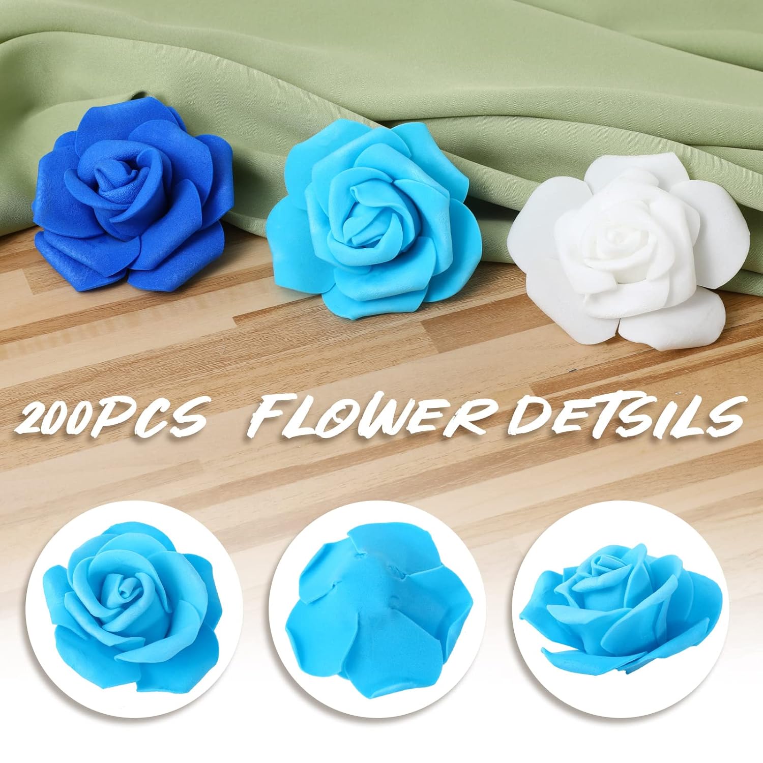 200 Pcs Artificial Rose Flower Heads Bulk Fake Foam Roses Mini Faux Flower For Bridal Shower Wedding Flower Arrangements Centerpiece Diy(2.76 Inch,White, Blue)