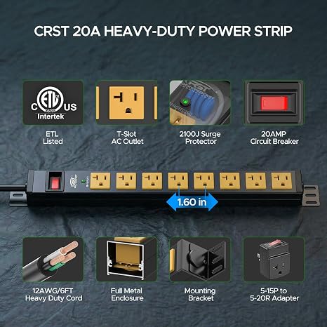 20A Heavy Duty Metal Surge Protector Power Strip 8 Outlets 2100J 6FT 12AWG Wall Mount Black