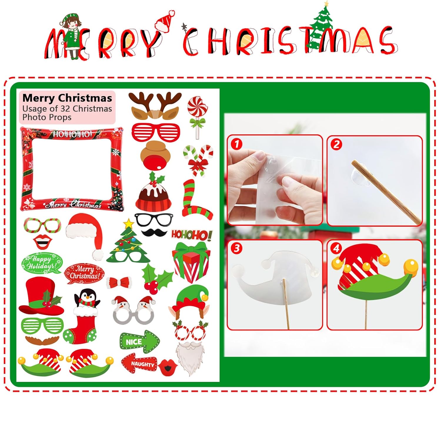 Christmas Party Photo Booth Props Frame, Red Christmas Inflatable Selfie Photo Frame, With 32 Pcs Funny Christmas Photo Booth Props, For New Year, Christmas Party Decoration Supplies?Red?