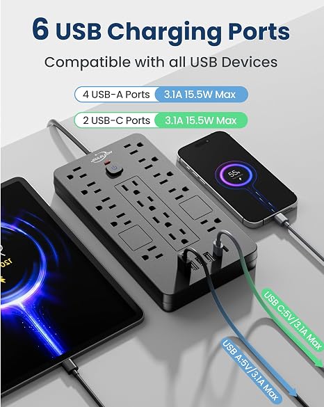 Surge Protector Power Strip 14 Outlets 6 USB Ports 6FT Flat Plug Extension Cord 1850J Black