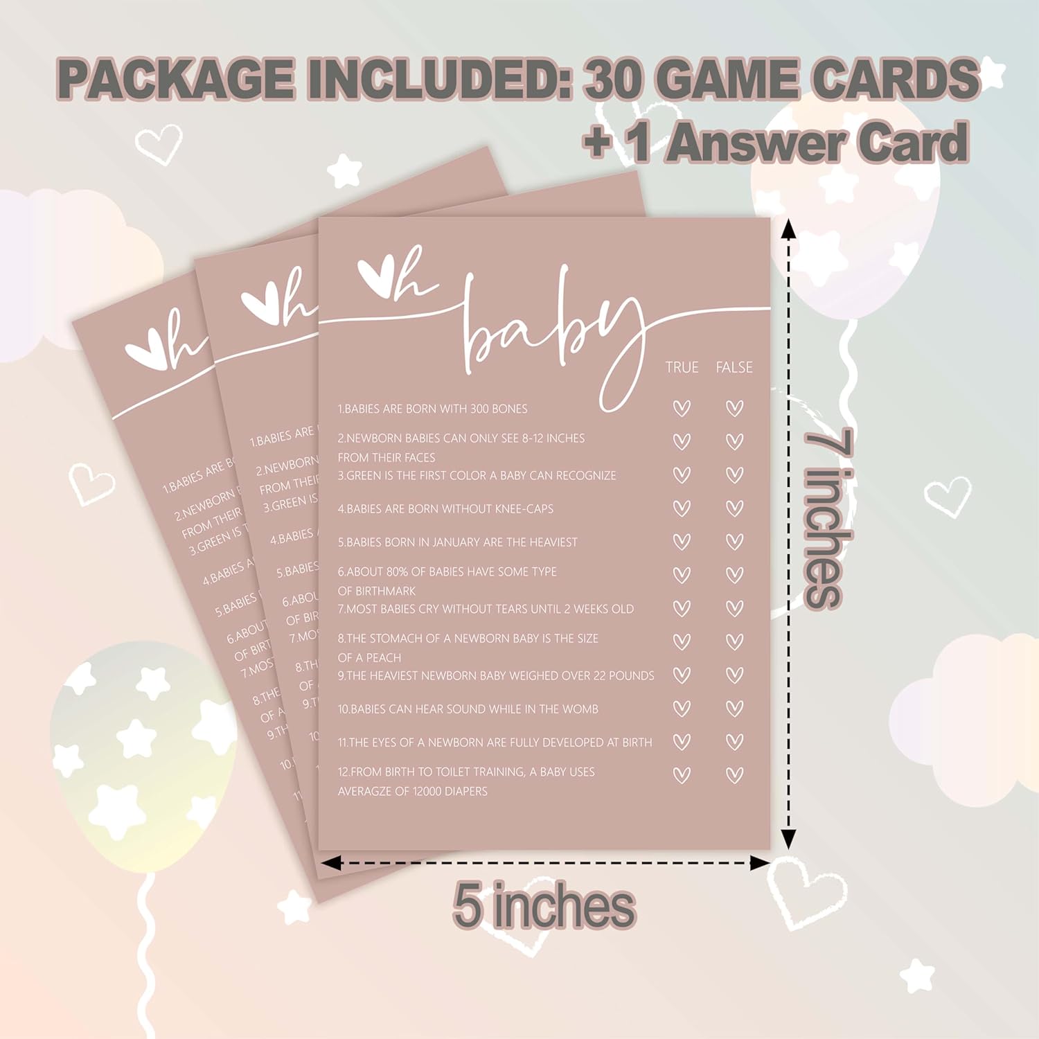 Baby Shower Games, Pink Oh Baby True Or False Game Cards + 1 Answer Card, 30 Sets Gender Reveal Party Decorations Supplies - F04