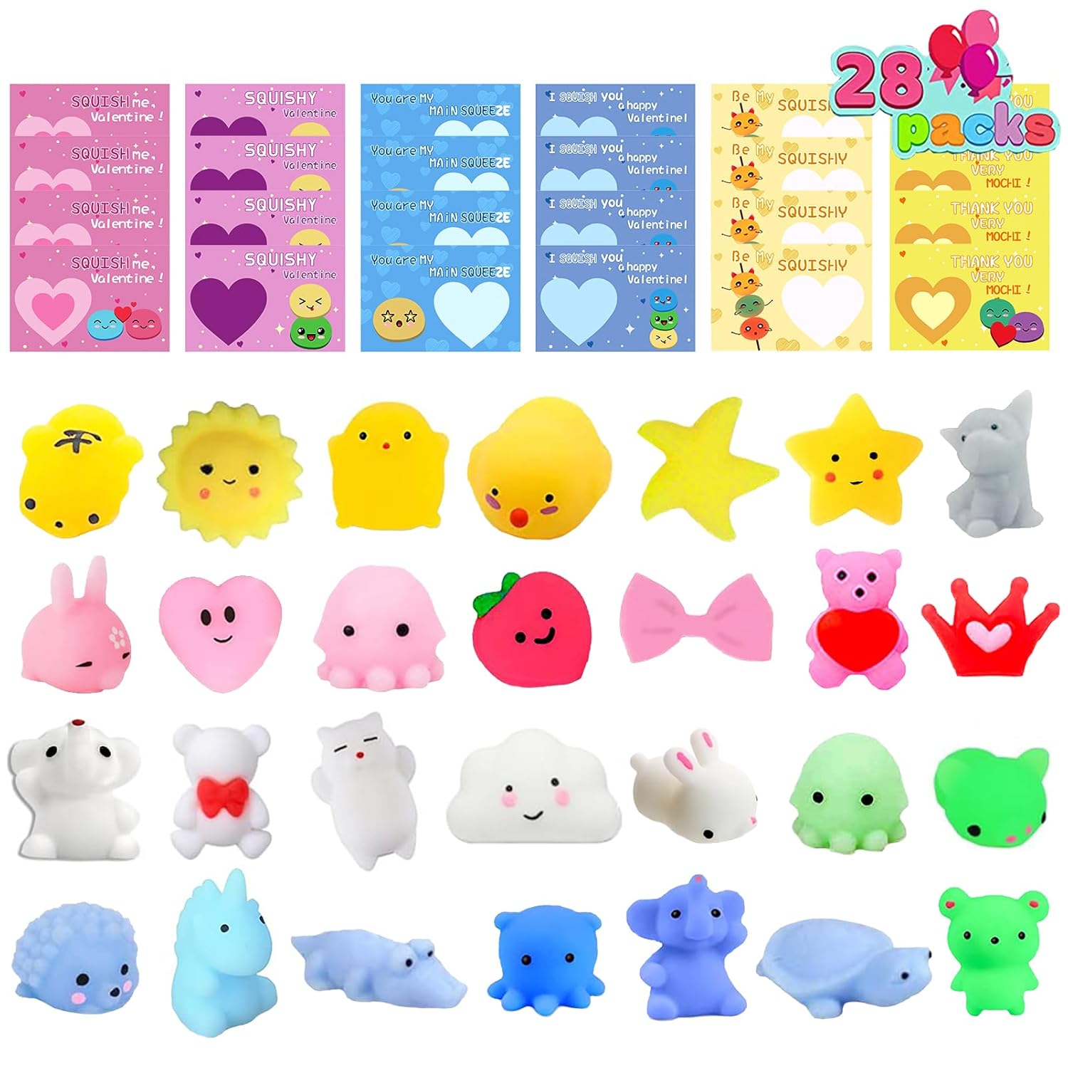 28Pcs Valentines Day Cards For Kids School, Valentine Day Gifts For Kids Classroom Filled With Kawaii Mochi Squishy, Exchange Gifts For Kids, Valentine Greeting Card, Game Prize, Valentine Party Favor