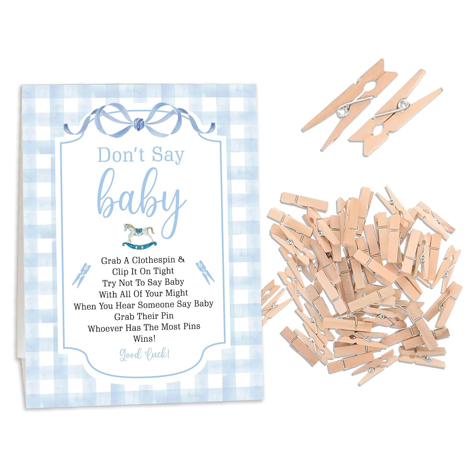 Baby Blue Boy Baby Shower Games, Don'T Say Baby Game For Baby Shower (One Sign With 50 Mini Clothespins),Blue Gingham Theme Baby Shower Decorations, Gender Reveal Game-Dsbb33