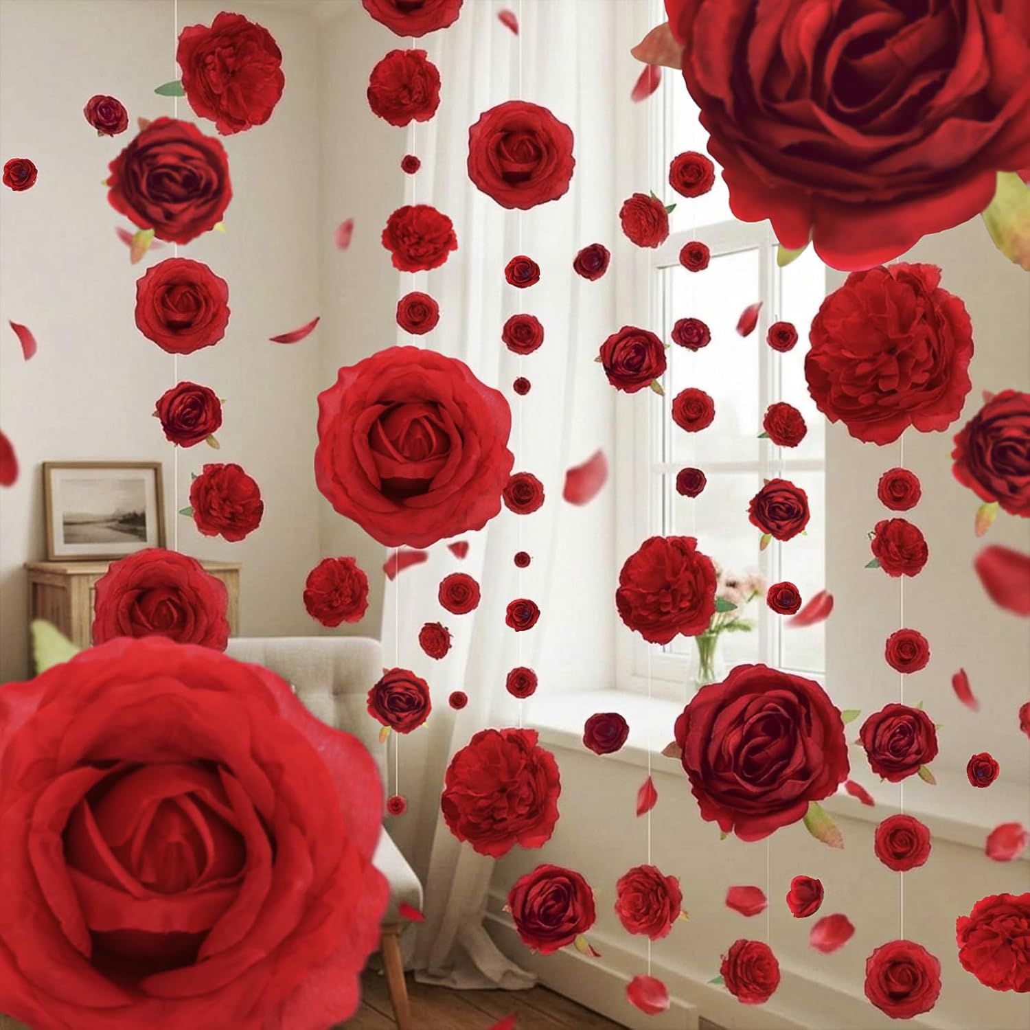 12 Pcs Valentine'S Day Artificial Flower Garlands 6.6 Ft Hanging Rose Decorations With Hooks Wildflower Backdrop Fake Floral Garlands Faux Silk Flower For Wedding Birthday Party(Red)