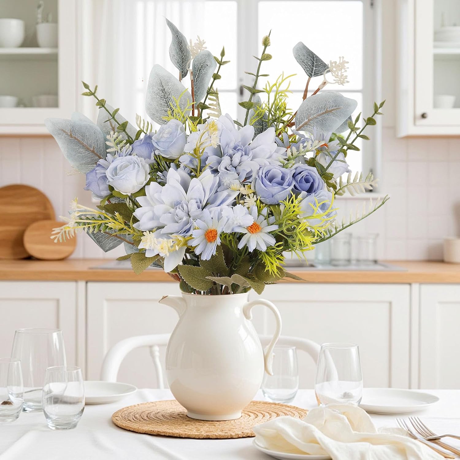 9 Pcs Artificial Flowers Blue Dahlia Bouquet With Eucalyptus Faux Silk Floral Arrangements For Home Decor Wedding Centerpiece Table Vase Farmhouse Decoration