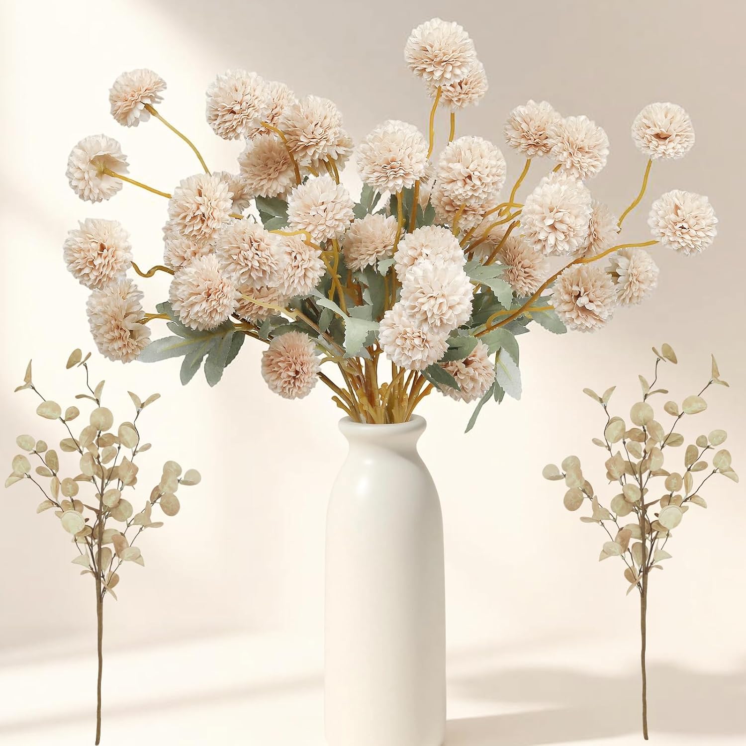 10Pcs Begie Fake Flowers For Vase,50 Heads Faux Silk Mums With Eucalyptus,Artificial Flowers With Long Stem,Chrysanthemums For Wedding Centerpieces Floral Arrangements Vase Fillers Home Decor
