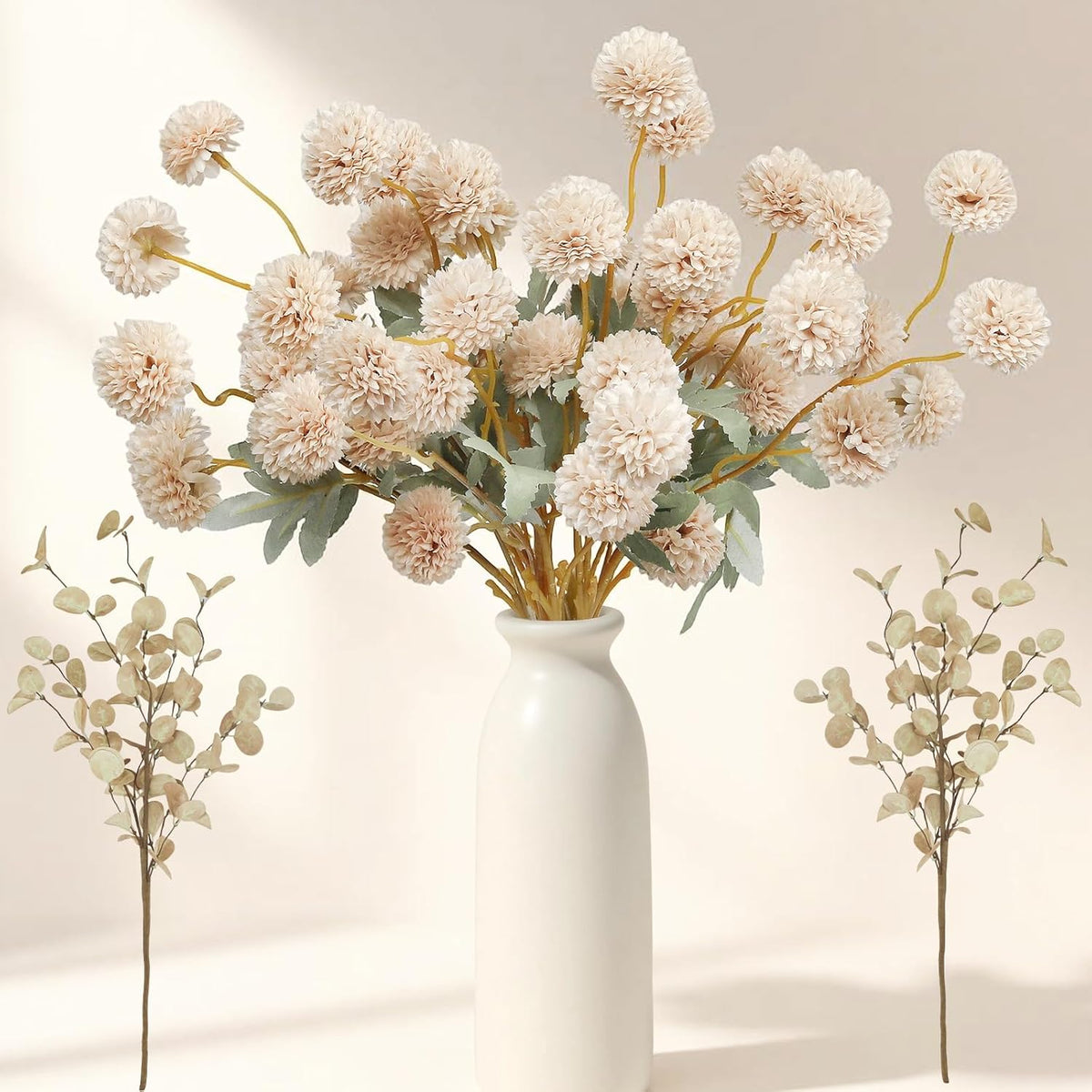 10Pcs Begie Fake Flowers For Vase,50 Heads Faux Silk Mums With Eucalyptus,Artificial Flowers With Long Stem,Chrysanthemums For Wedding Centerpieces Floral Arrangements Vase Fillers Home Decor