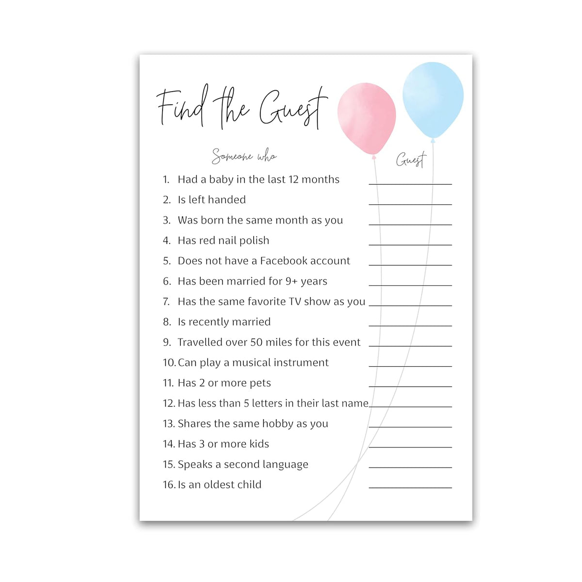 Balloons Gender Reveal — Find The Guest Baby Shower Game — Pack Of 25 — Minimalist Blue Or Pink, Girl Or Boy Games, Icebreaker Party Game, Guess Who Came To The Party, Coed Couples Shower G515-Ftg