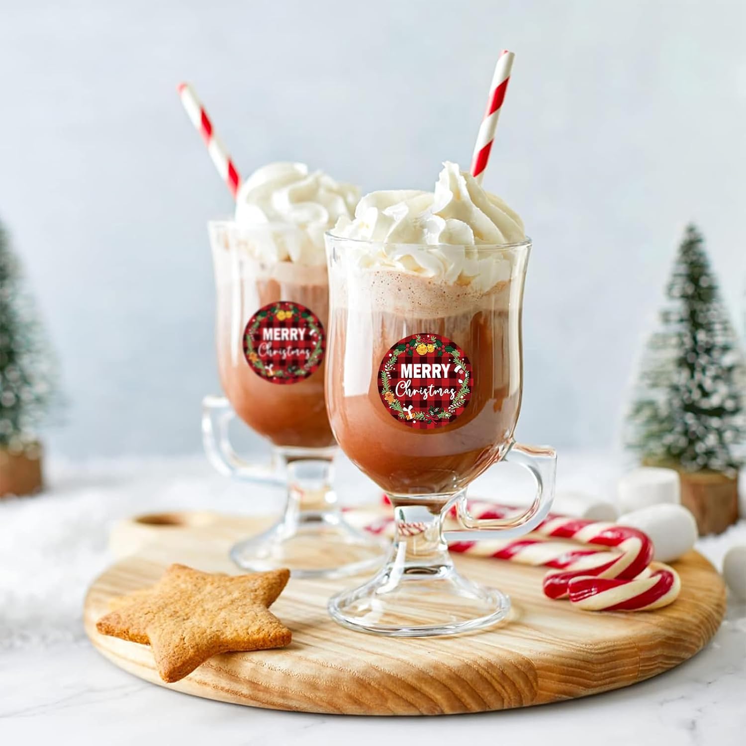 Merry Christmas Label Stickers Roll, 1.5 Inch 500 Pcs Round Red And Black Buffalo Plaid Christmas Wreath Happy Winter Holiday Stickers For Xmas Cards Gift Favors Decoration Sealed Envelopes