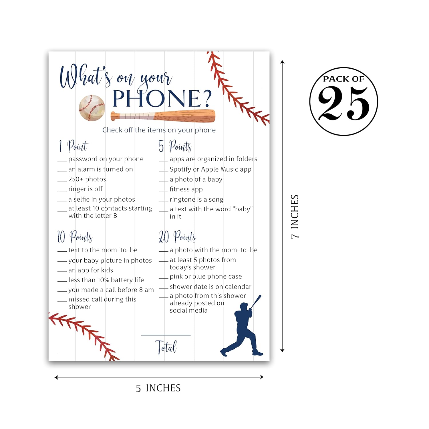 Baseball Baby Shower Games — What'S On Your Phone Baby Shower Game — Pack Of 25, Rustic Sports Theme Navy Blue Boy, Little Slugger Shower Activity Gender Neutral Reveal Party G900-Phn