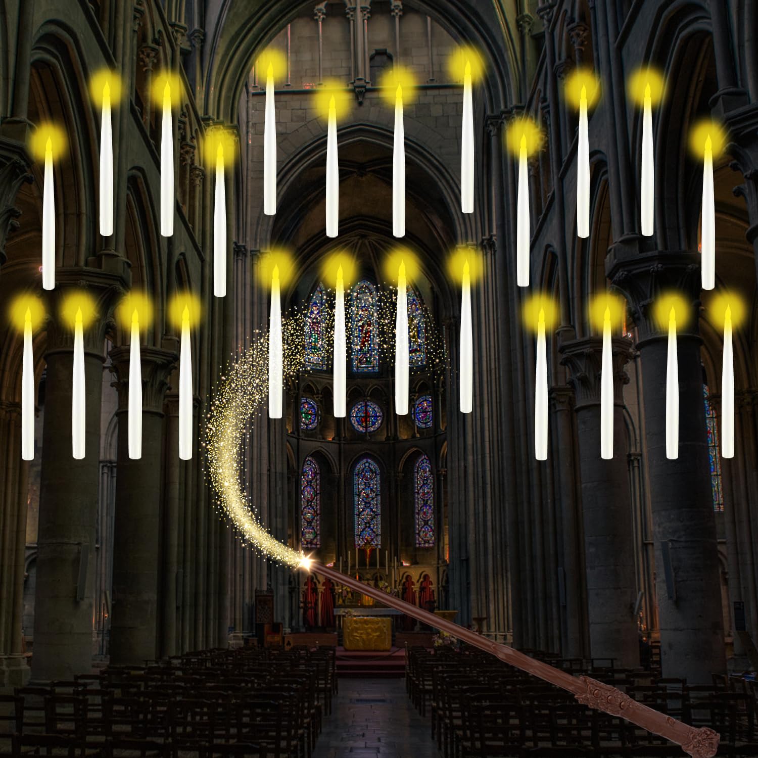 Floating Candles With Wand, 24Pcs Hanging Candles With Remote Wand, Warmwhite Flickering Flameless Magic Floating Candle Lights For Halloween Christmas Decorations