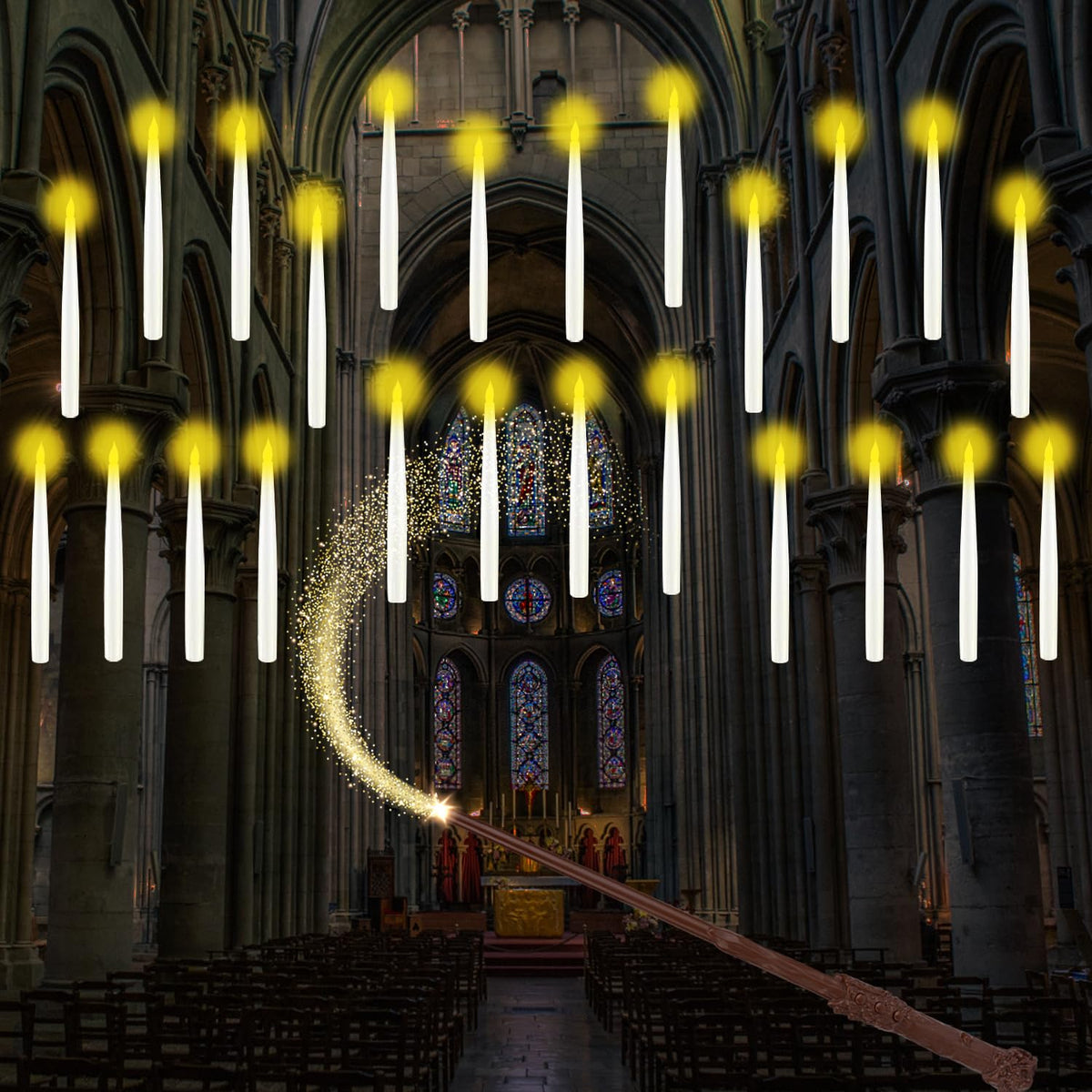 Floating Candles With Wand, 24Pcs Hanging Candles With Remote Wand, Warmwhite Flickering Flameless Magic Floating Candle Lights For Halloween Christmas Decorations