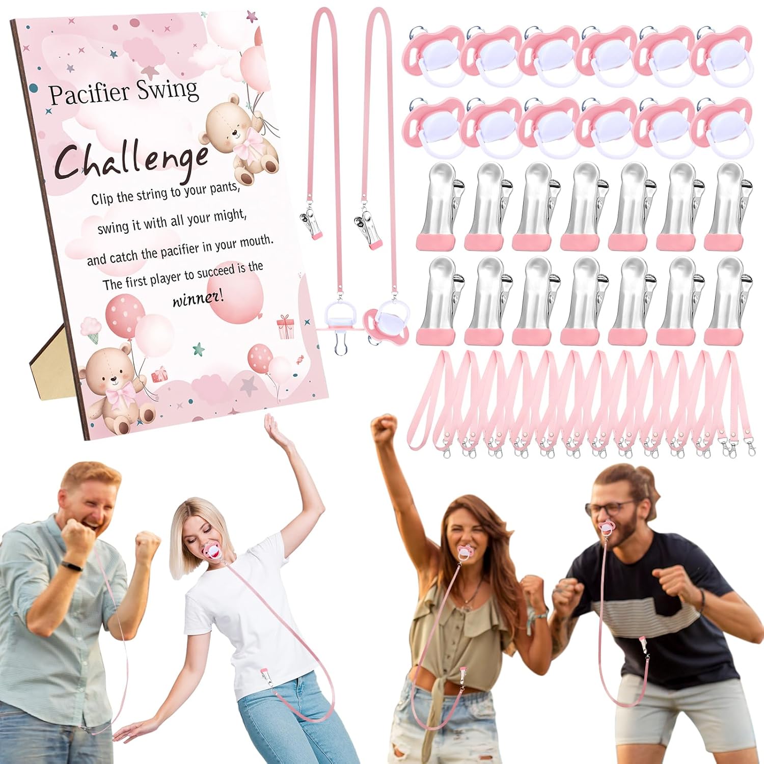 12 Sets Swing Pacifier Baby Shower Games Funny Gender Reveal Games, Include 1 Wooden Sign And 12 Plastic Pacifiers For Bridal Baby Shower Gender Reveal Party Women Men(Bear,Pink)