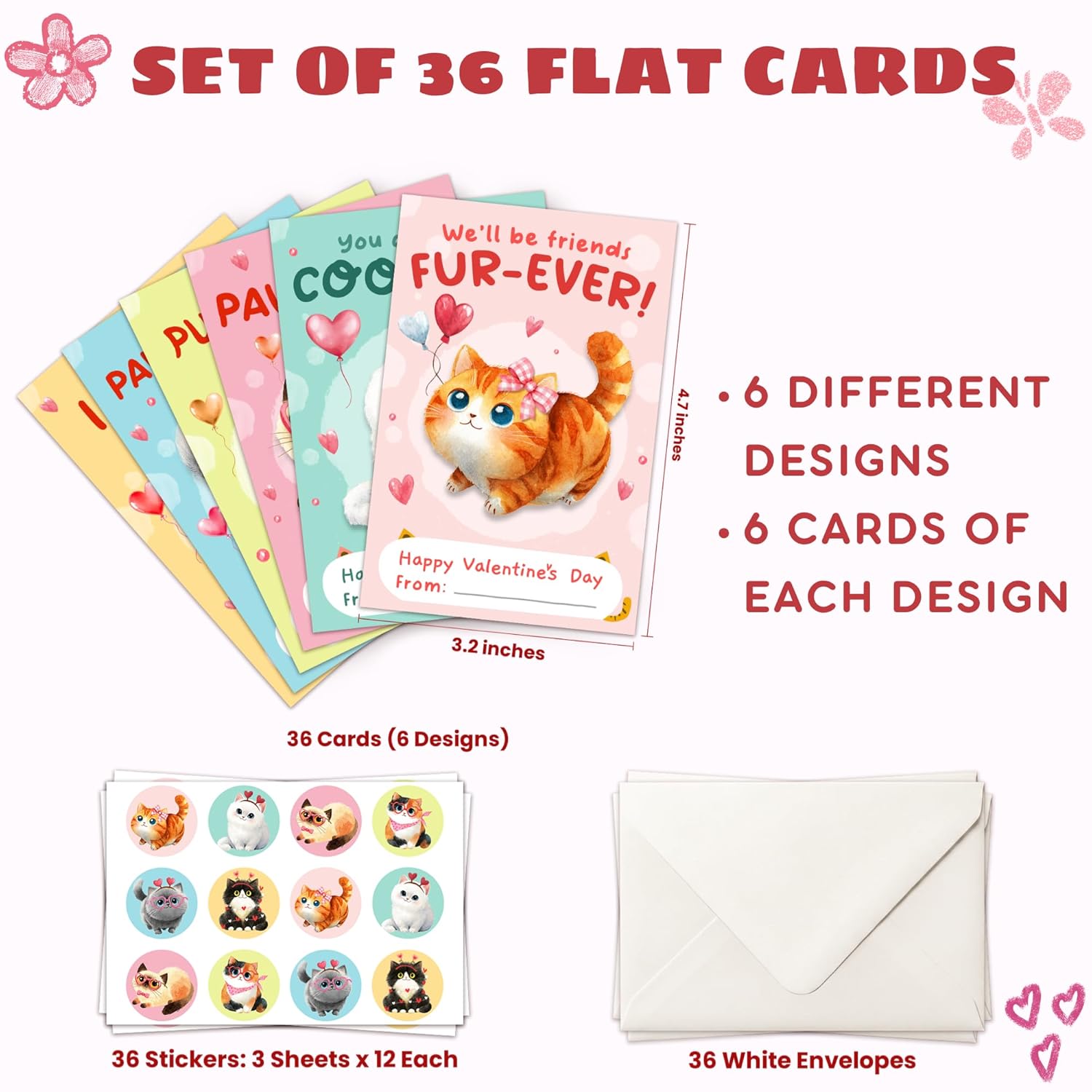 Cat Valentines Cards For Kids - Cats Valentines Day Gifts For Kids Classroom School Party Favors - Kitty Kitten 6 Designs 36 Packs Exchange, 3.2''X 4.7'' Greeting Cards With Stickers Envelopes