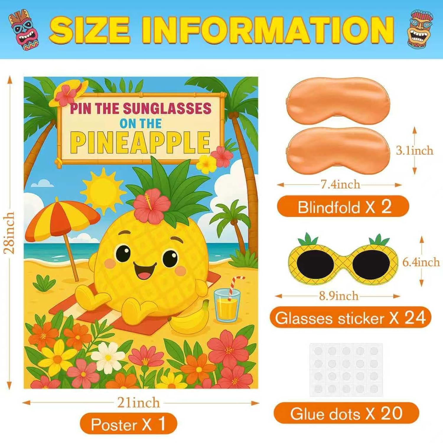 Hawaiian Party Game: Luau Summer Tropical Pin The Sunglasses On Pineapple And Coconut On Palm Tree With 24 Pcs Stickers For Tiki Summer Beach Hawaii Luau Party Supplies