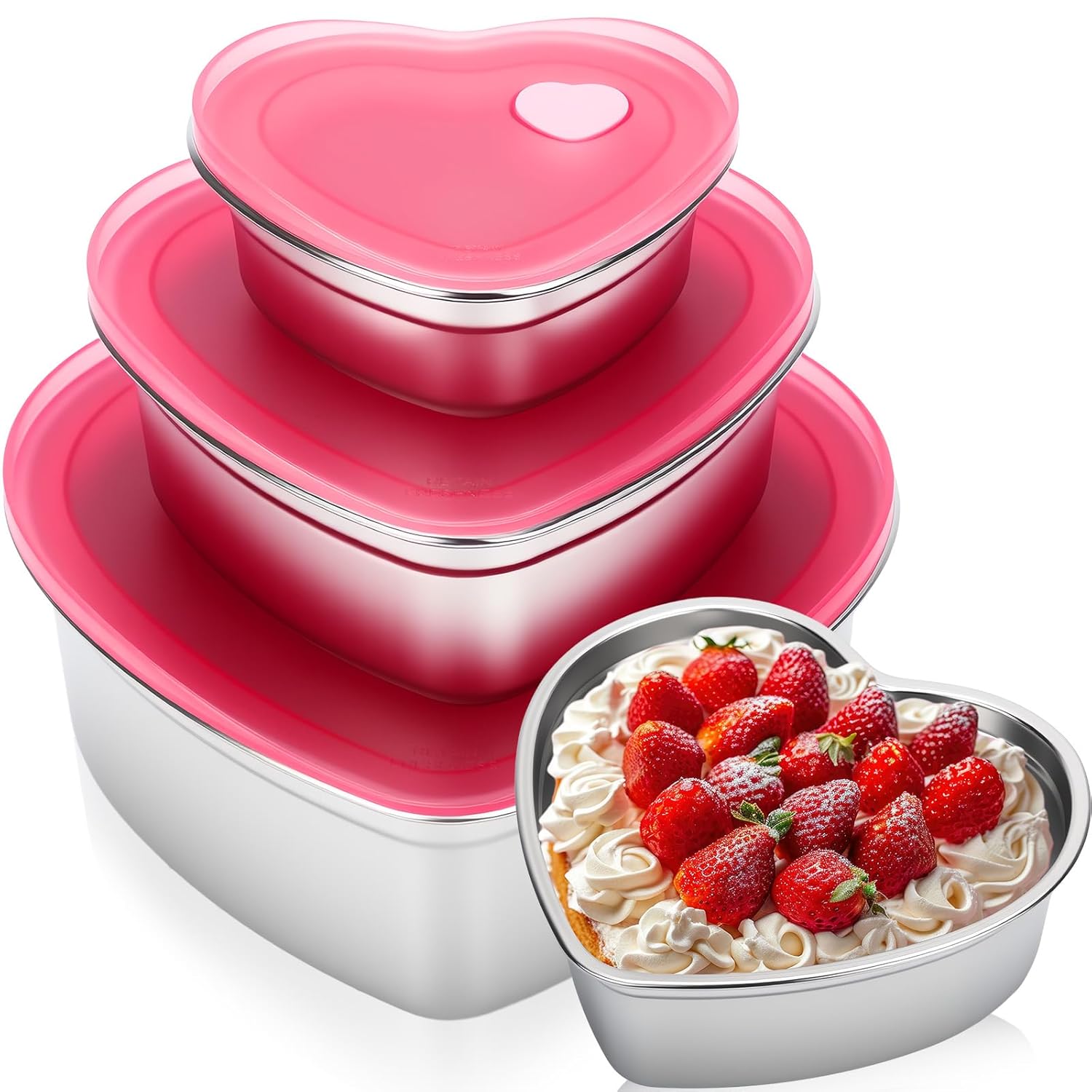 3 Pcs Valentine'S Day Heart Shaped Container With Lids 12Oz 30Oz 64Oz Stainless Steel Food Container Cake Storage Box Reusable Lunch Bento Box Heart Mold For Wedding Kitchen