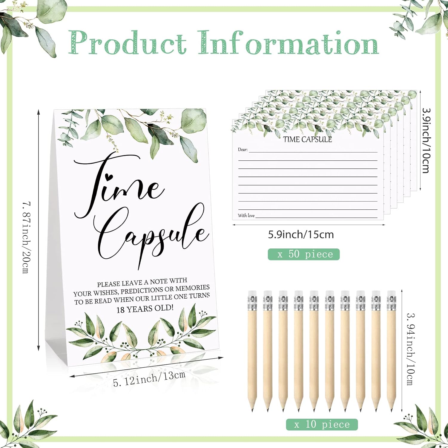 61 Pcs Time Capsule First Birthday Greenery Baby Shower Games Time Capsule Sign For 1St Birthday Party Games With 50 Message Cards 10 Pencils For Baby Shower Guests Keepsake Activities