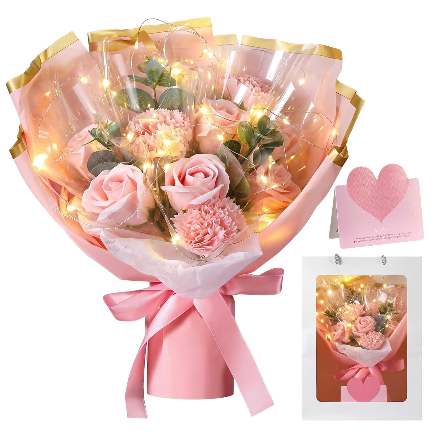 Valentine'S Day Flower Bouquet Kit Rose Bouquet For Gift Artificial Flower Bouquets With Bag For Valentine'S Day Birthday Party Anniversary(Pink)