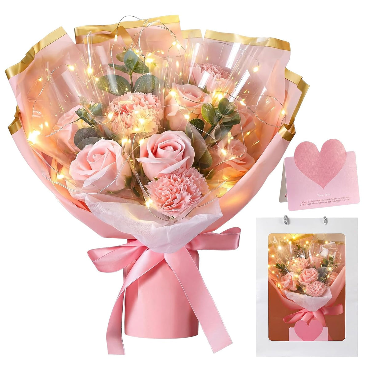 Valentine'S Day Flower Bouquet Kit Rose Bouquet For Gift Artificial Flower Bouquets With Bag For Valentine'S Day Birthday Party Anniversary(Pink)