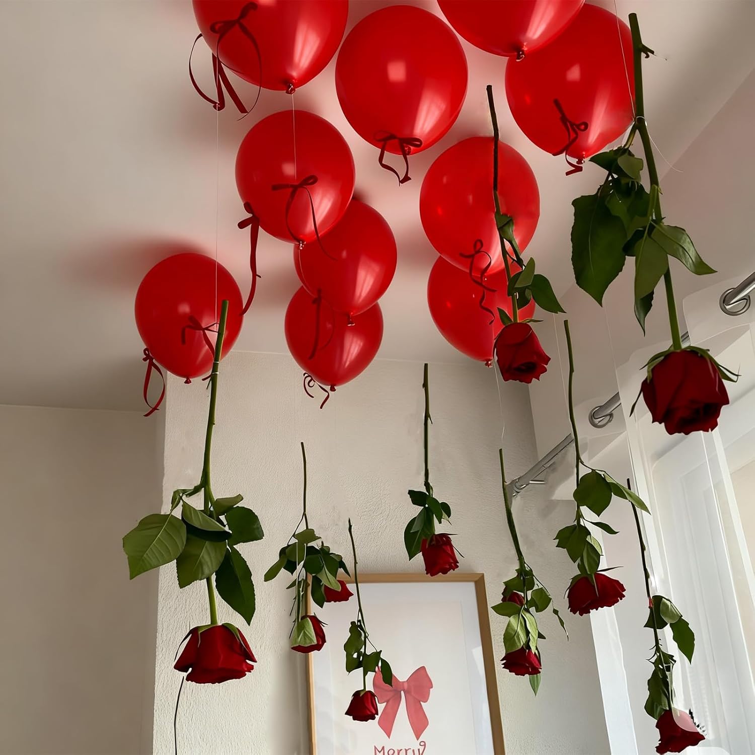 30 Set Valentine'S Day Red Rose Hanging Garland Set 30 Valentines Balloons 30 Artificial Artificial Rose Decor Diy Floating Flower String Garland For Valentine Galentines Ceiling Wedding Home