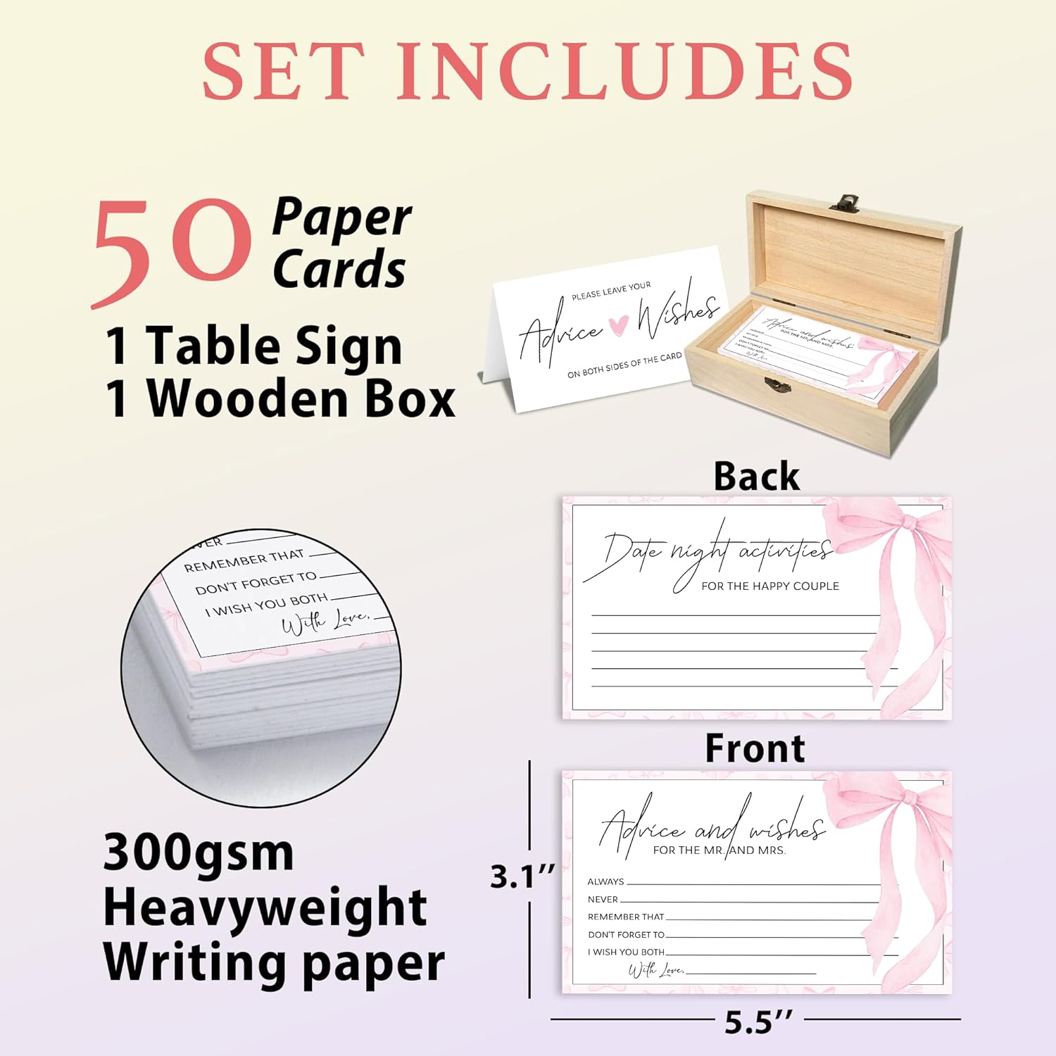Pink Bow Advice And Wishes For The Mr And Mrs - 50 Packs Wedding Advice Cards Bridal Shower Game Cards With Box Reception Guest Book For Bride Groom Newlywed Engagement Party Decoration -A05