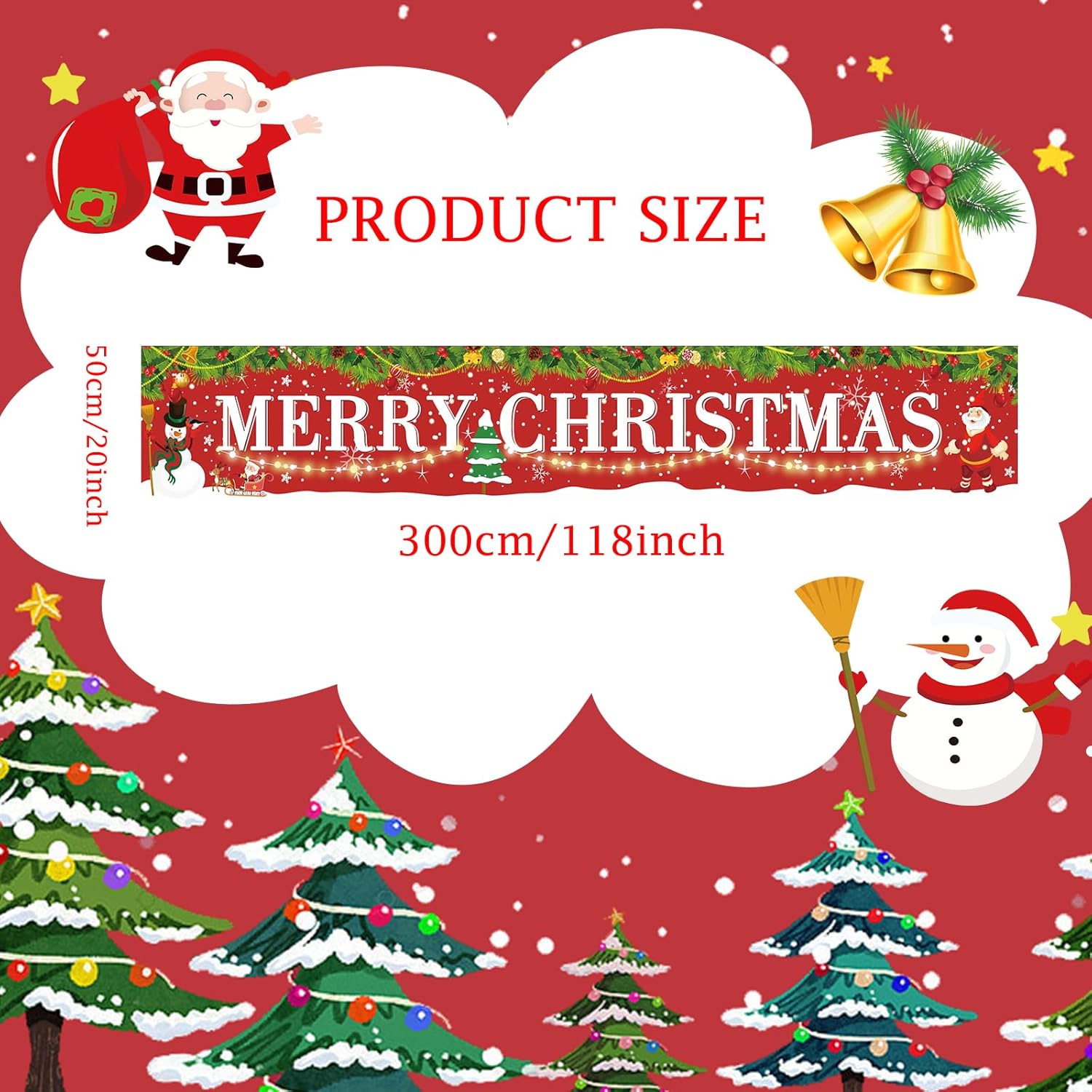 Large Red Merry Christmas Banner With Santa Claus, Snowman Background - 118X20Inch For Indoor/Outdoor Hanging Decor