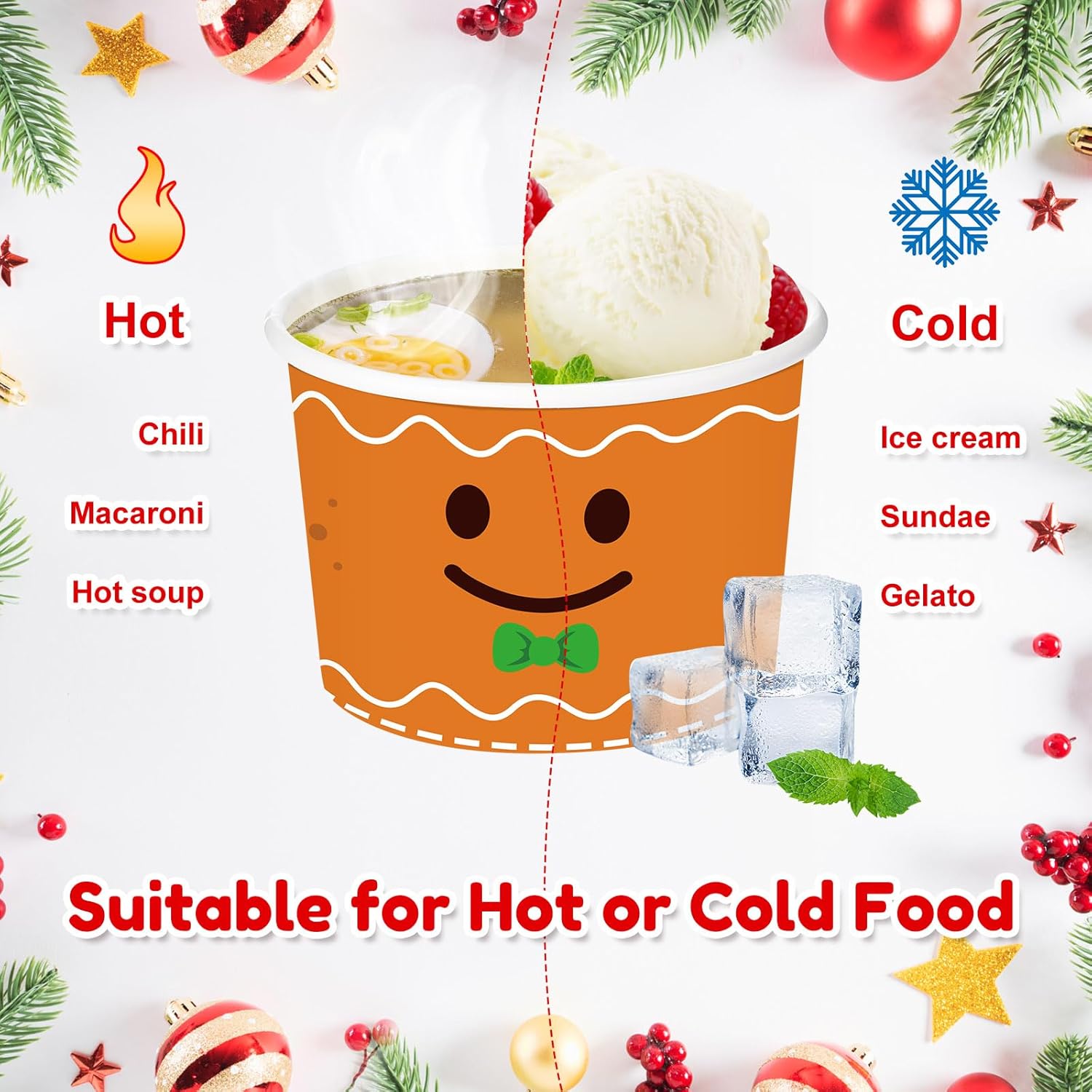 100 Pieces Christmas Party Snack Cups Xmas Disposable Ice Cream Cups Merry Christmas Disposable Paper Dessert Soup Bowls For Hot Or Cold Food, Christmas Party Decorations Supplies, 8 Oz