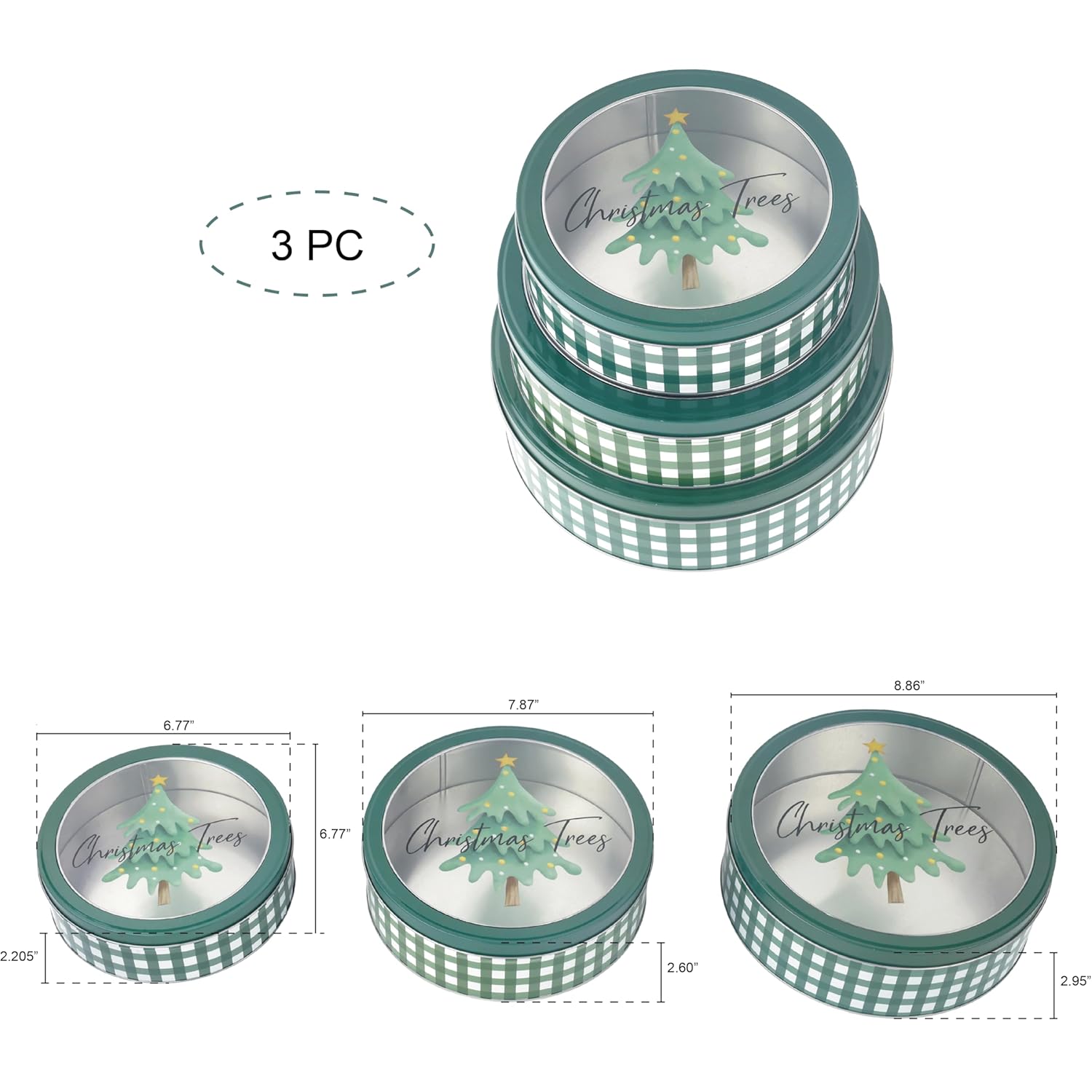 Christmas Holiday Cookie Tin Containers With Window, 3Pc Nested Set, Holiday Cookie Tins With Lid For Gift Giving, Cookie, Treats, Cookies Party Favor And Gifts (Christmas Tree, Round Shape)